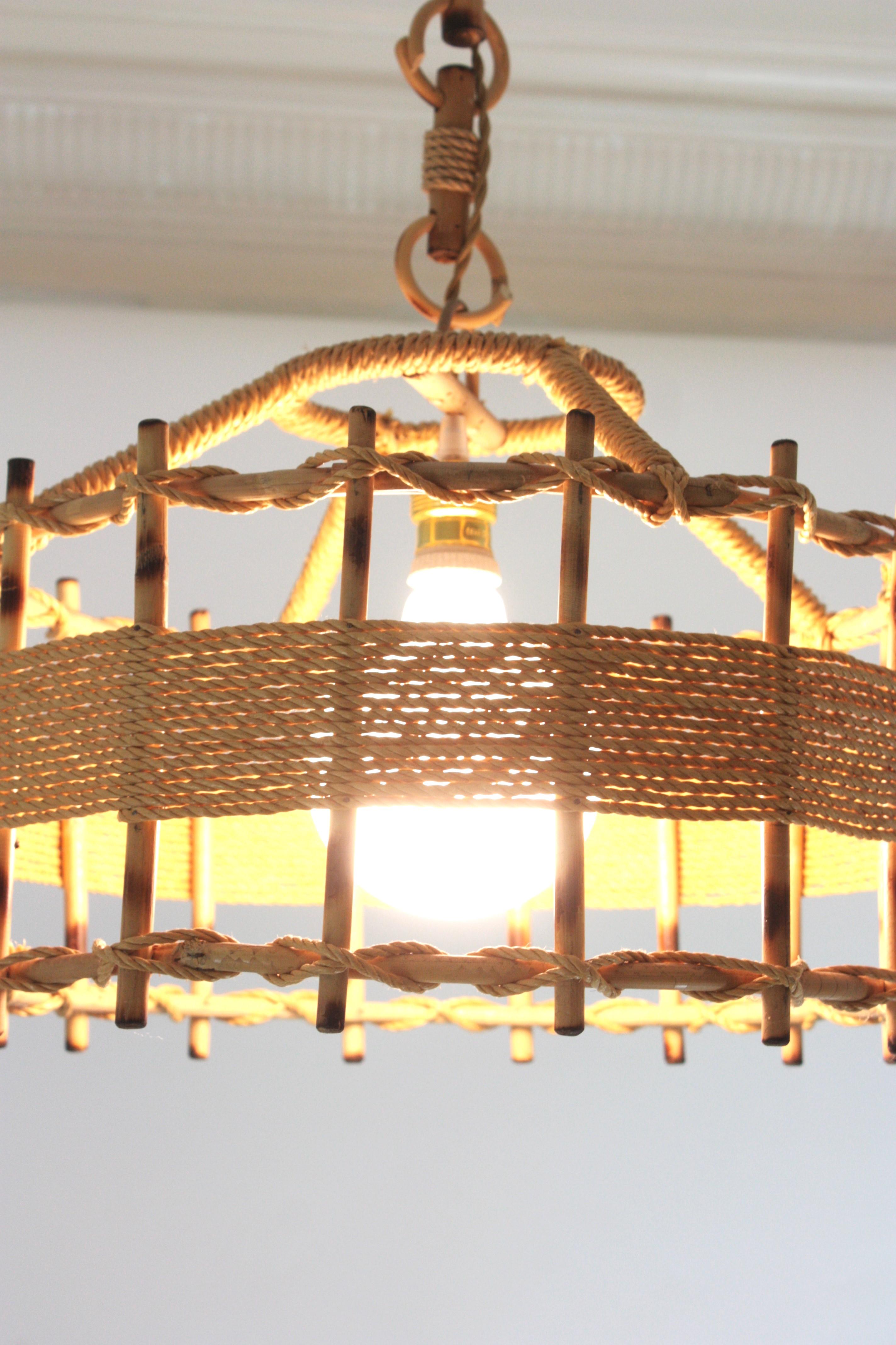 Pair of Rattan Rope Large Drum Pendant Lights / Lanterns, 1960s For Sale 3