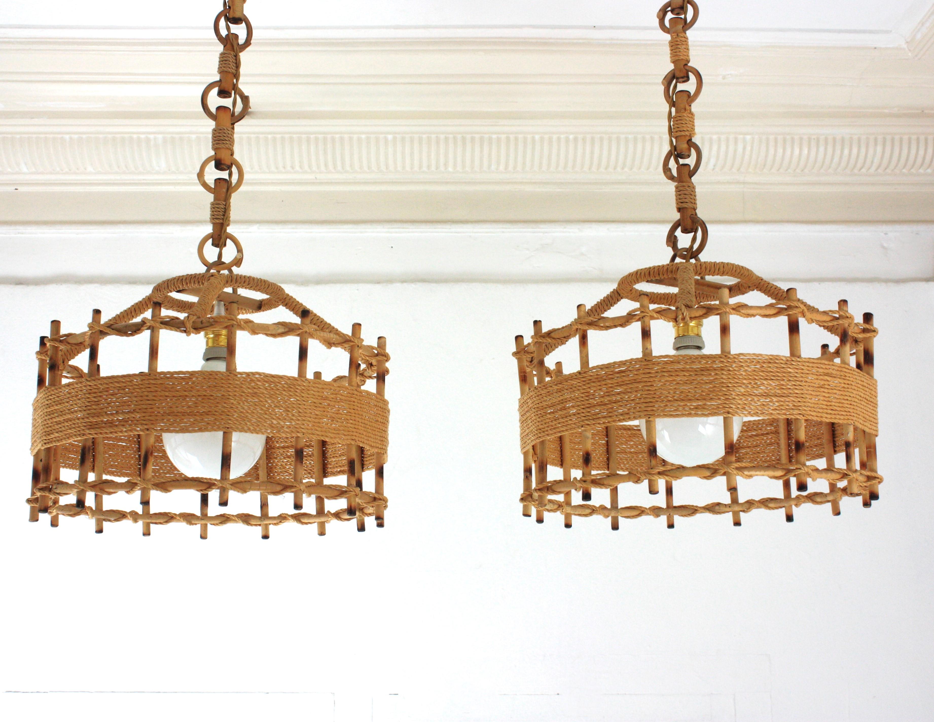 Pair of Rattan Rope Large Drum Pendant Lights / Lanterns, 1960s For Sale 5