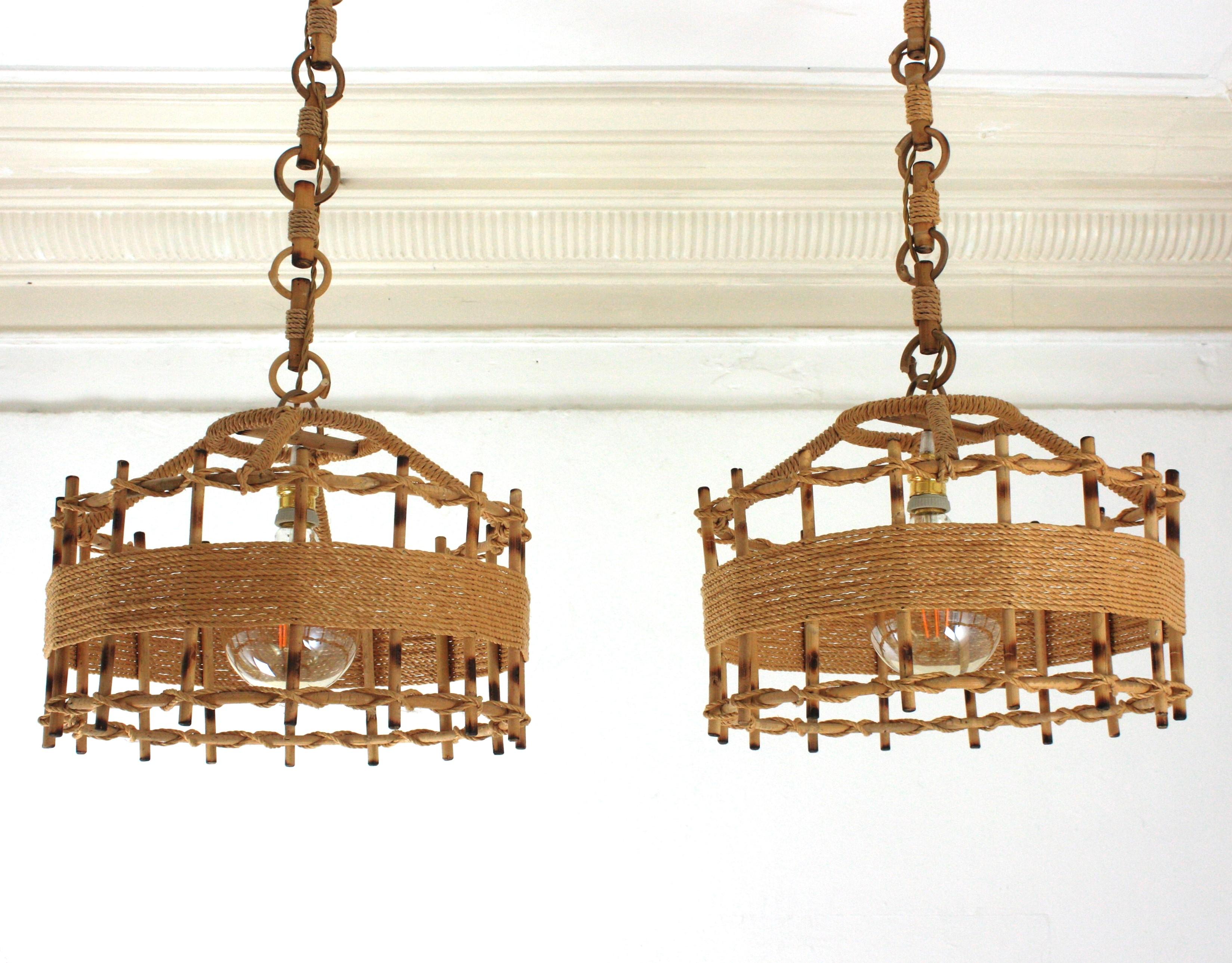 Pair of Rattan Rope Large Drum Pendant Lights / Lanterns, 1960s For Sale 6