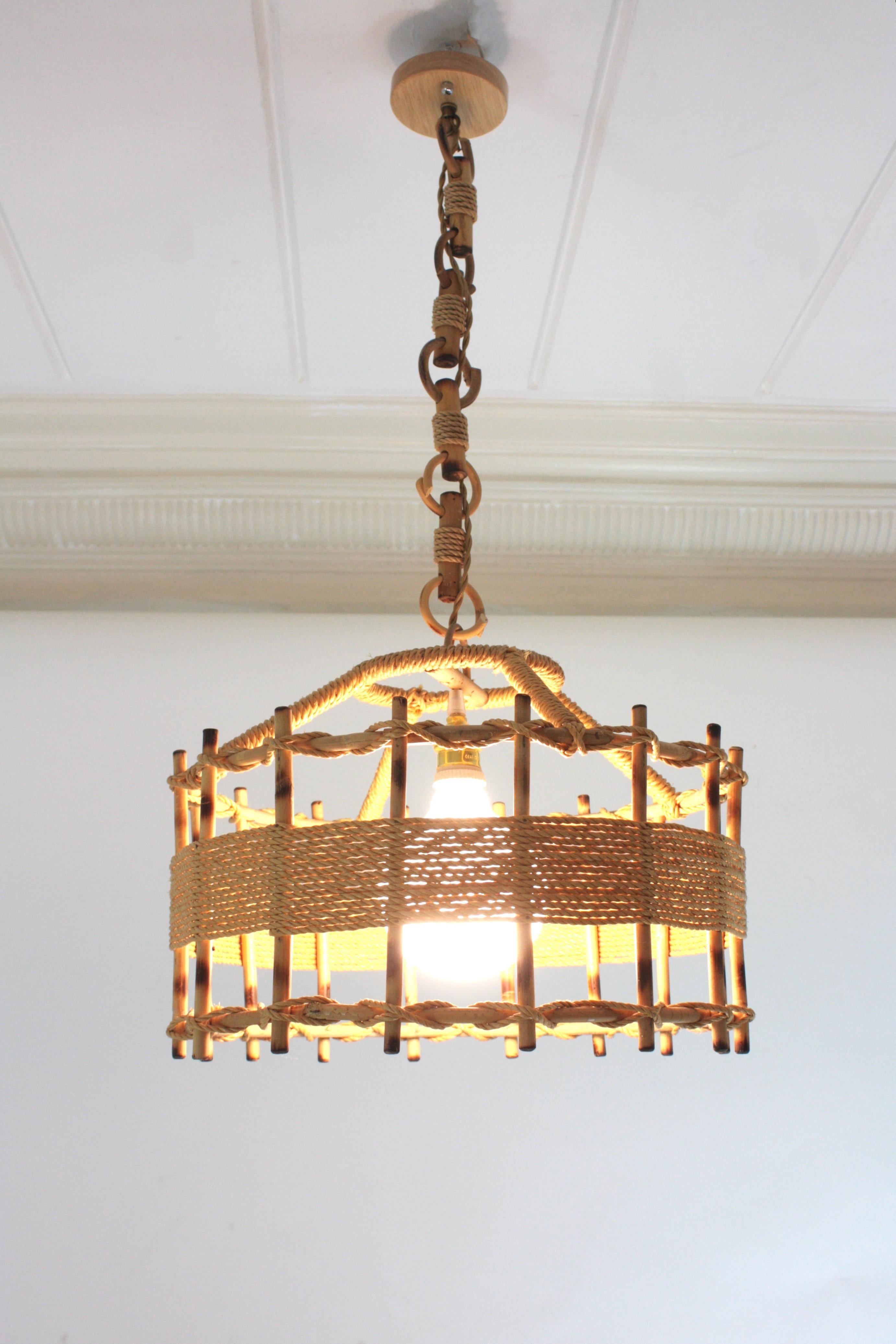Pair of Rattan Rope Large Drum Pendant Lights / Lanterns, 1960s For Sale 9
