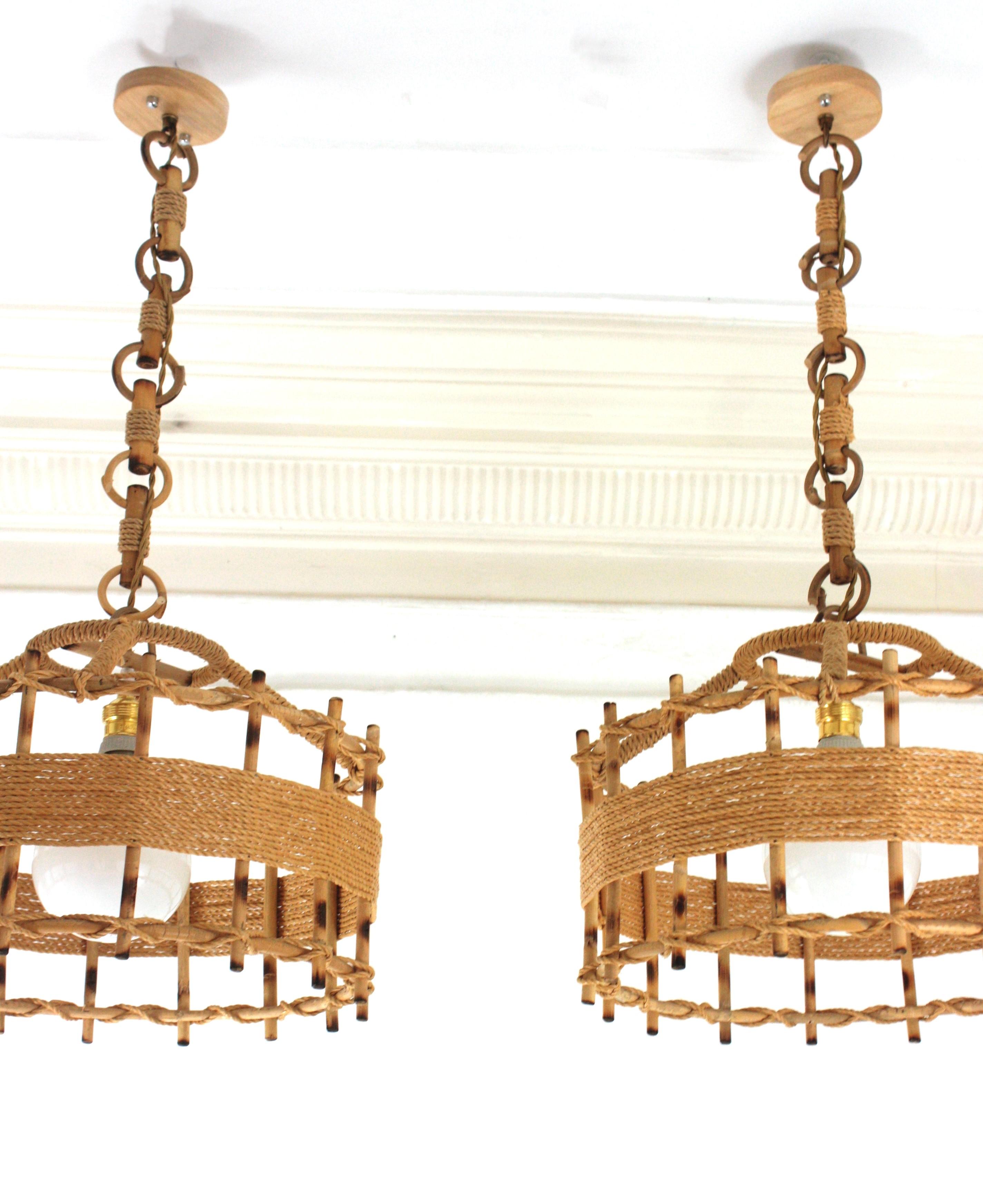 Hand-Crafted Pair of Rattan Rope Large Drum Pendant Lights / Lanterns, 1960s For Sale