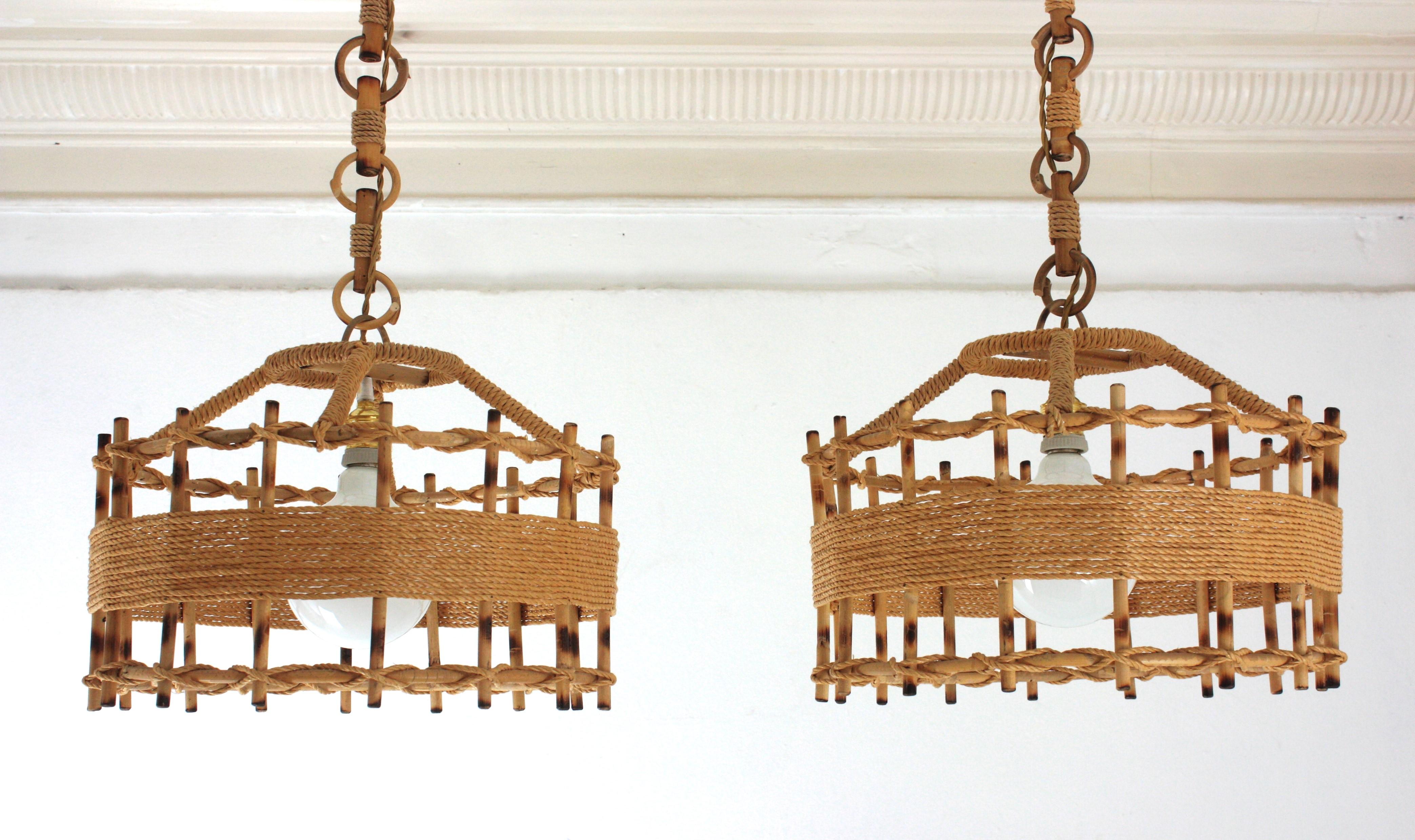 20th Century Pair of Rattan Rope Large Drum Pendant Lights / Lanterns, 1960s For Sale