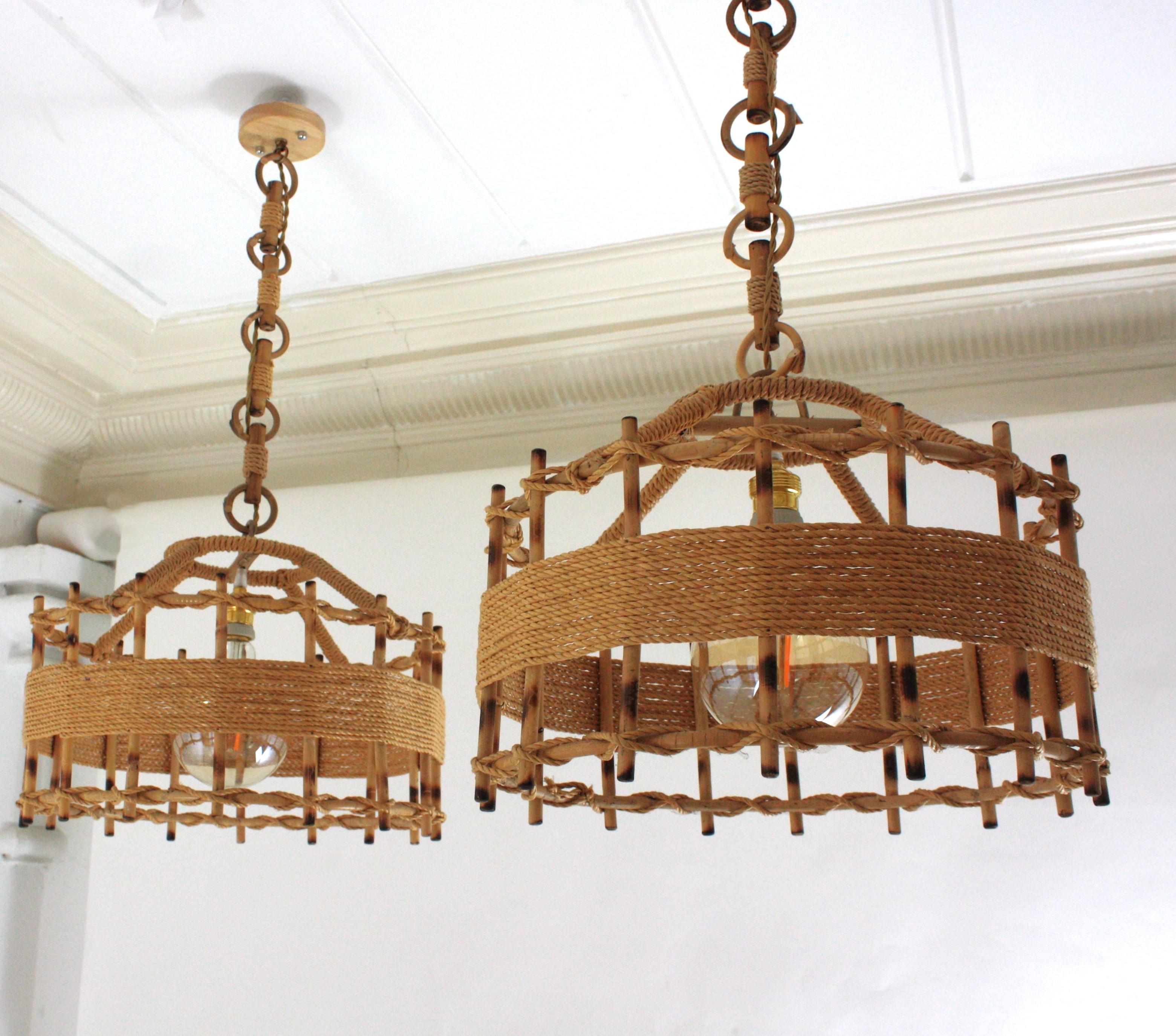 Cane Pair of Rattan Rope Large Drum Pendant Lights / Lanterns, 1960s For Sale