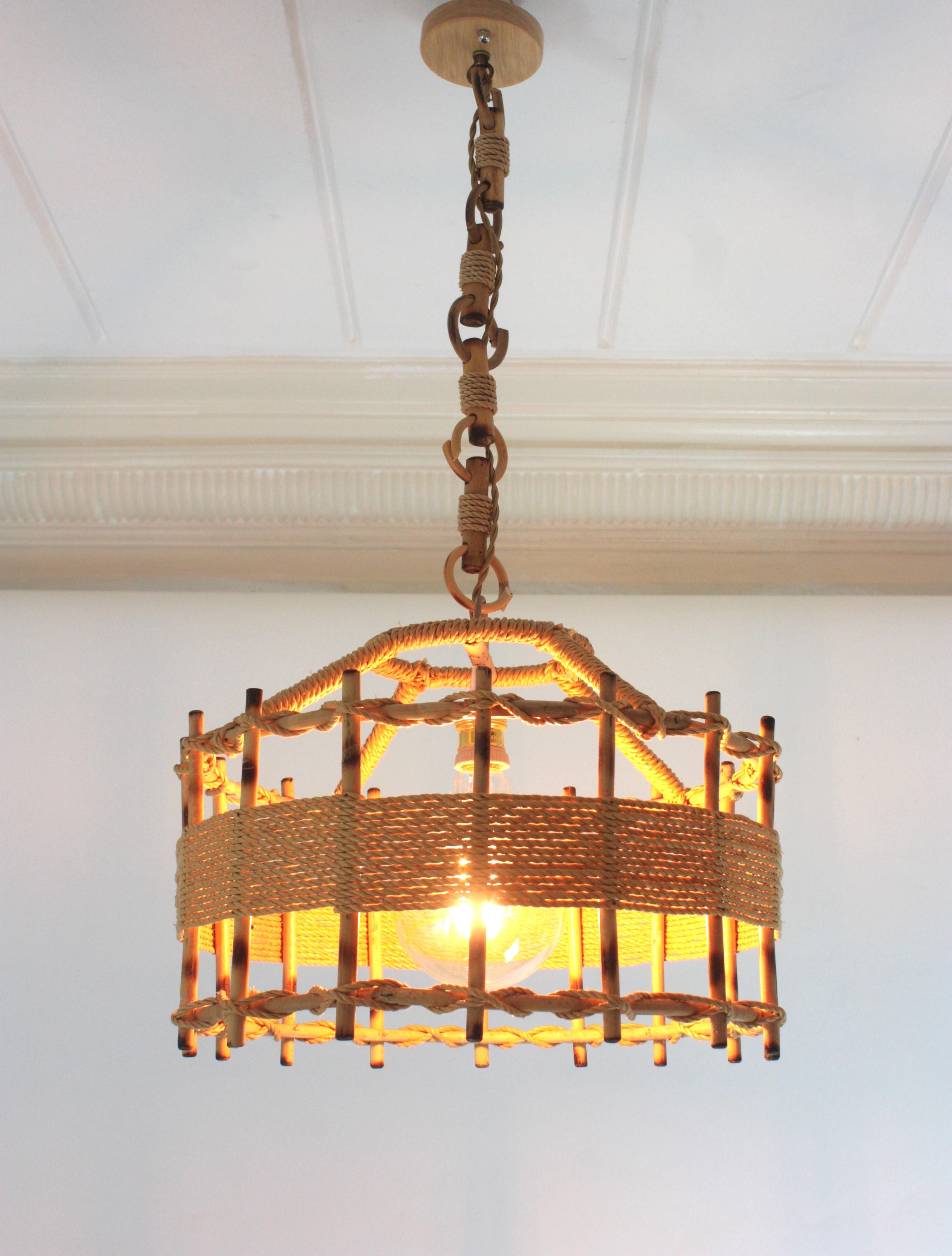Pair of Rattan Rope Large Drum Pendant Lights / Lanterns, 1960s For Sale 1