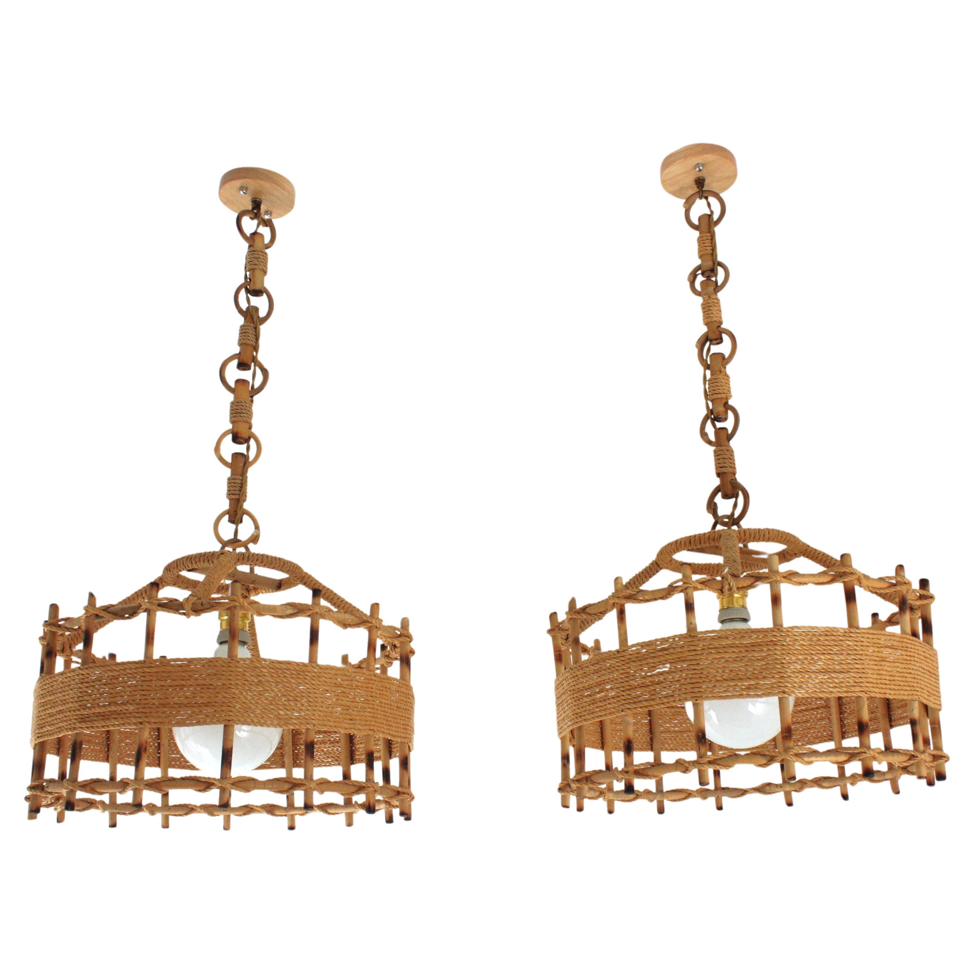 Pair of Rattan Rope Large Drum Pendant Lights / Lanterns, 1960s For Sale