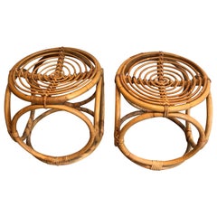 Pair of Rattan Round Stools, French Work, Circa 1950