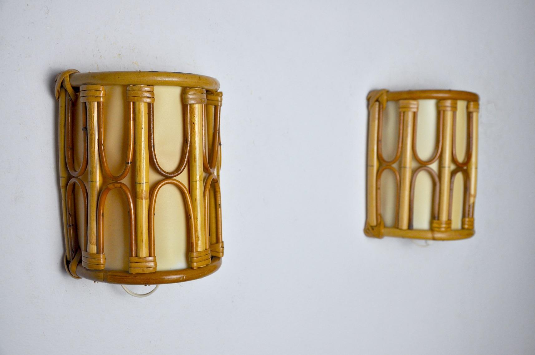 French Pair of Rattan Sconces, France, 1960 For Sale