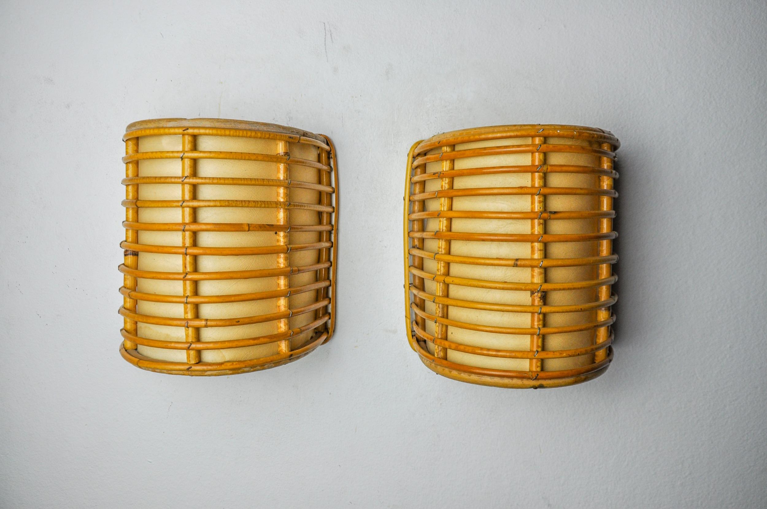 French Pair of rattan sconces France 1960 For Sale