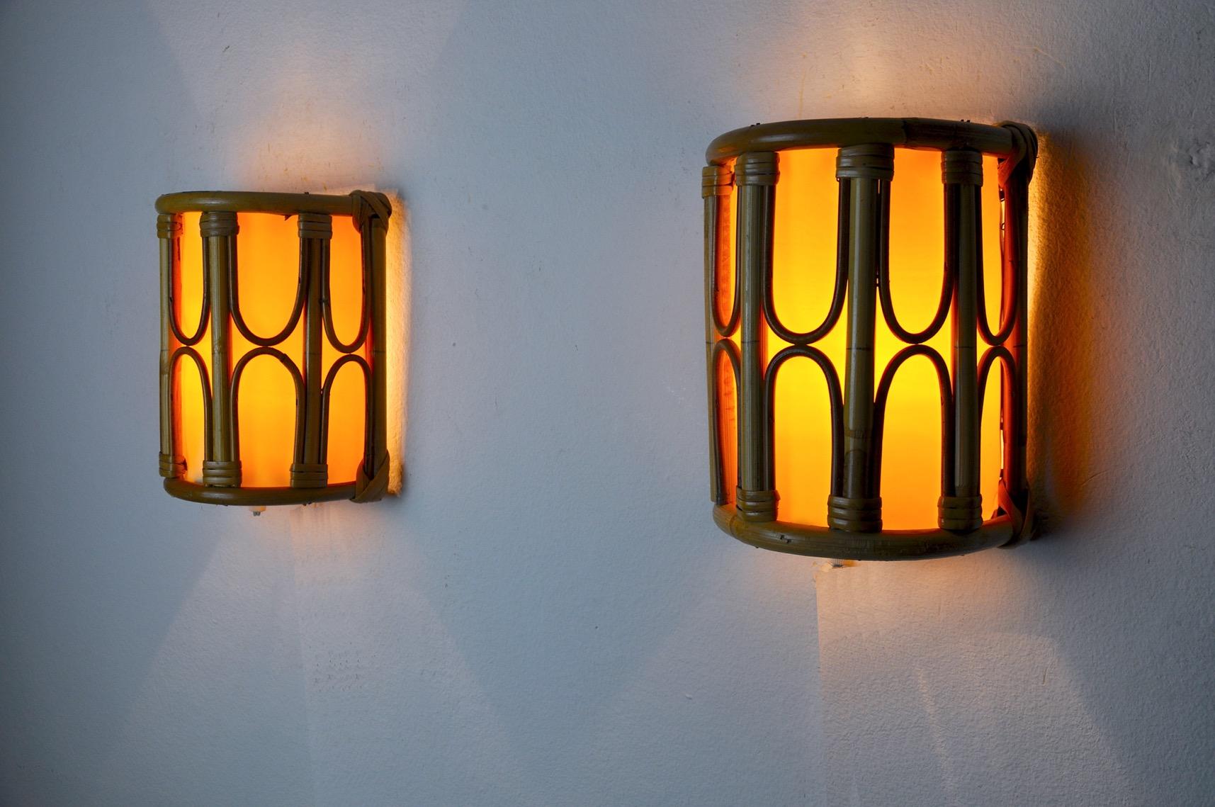 Mid-20th Century Pair of Rattan Sconces, France, 1960 For Sale