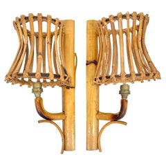 Pair of Rattan Sconces Louis Sognot Style, France, 1960s