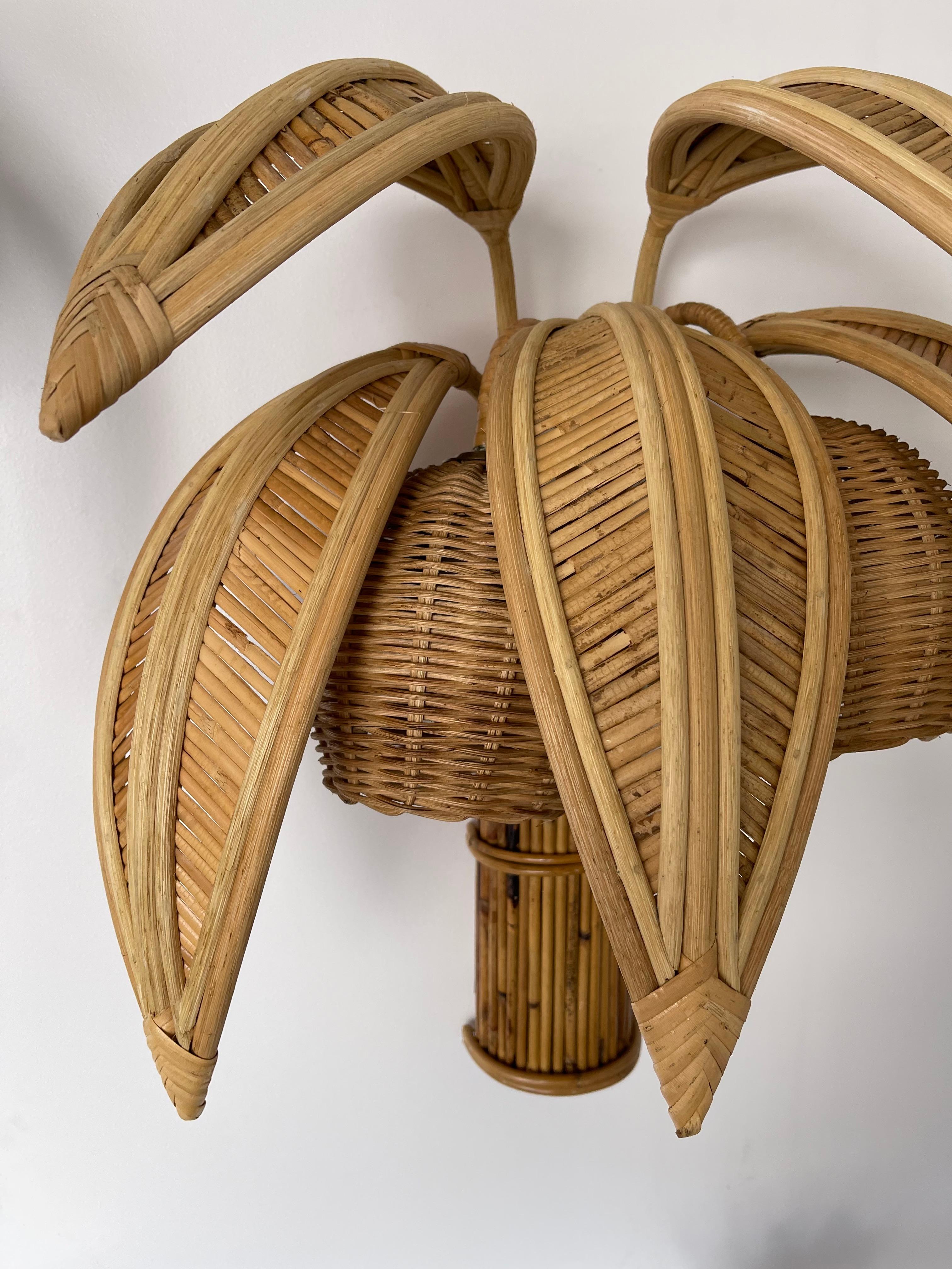 Hollywood Regency Pair of Rattan Sconces Palm Tree