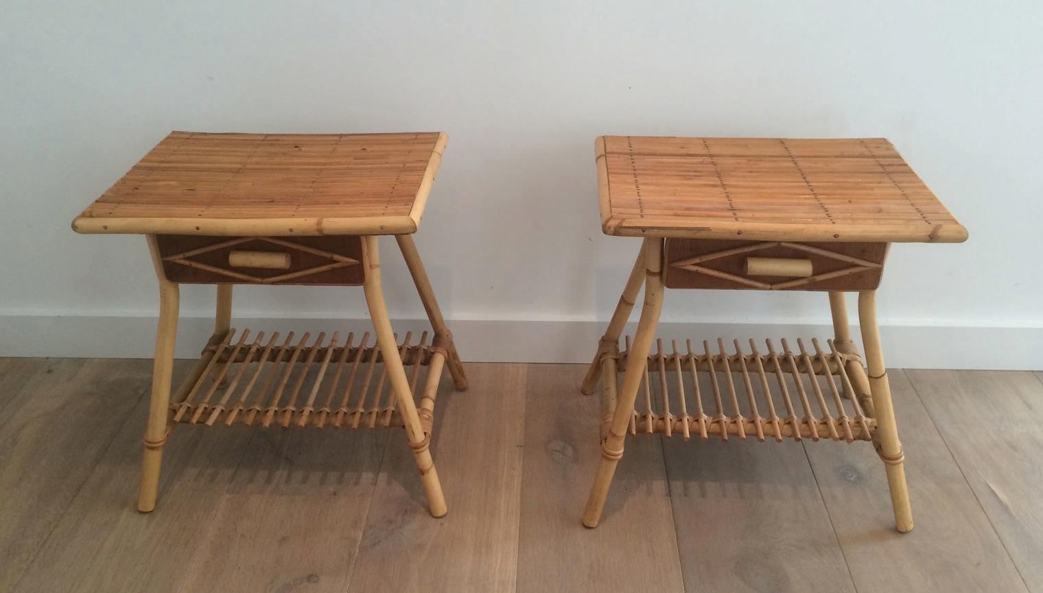 Mid-Century Modern Pair of Rattan Side Tables, Circa 1970 