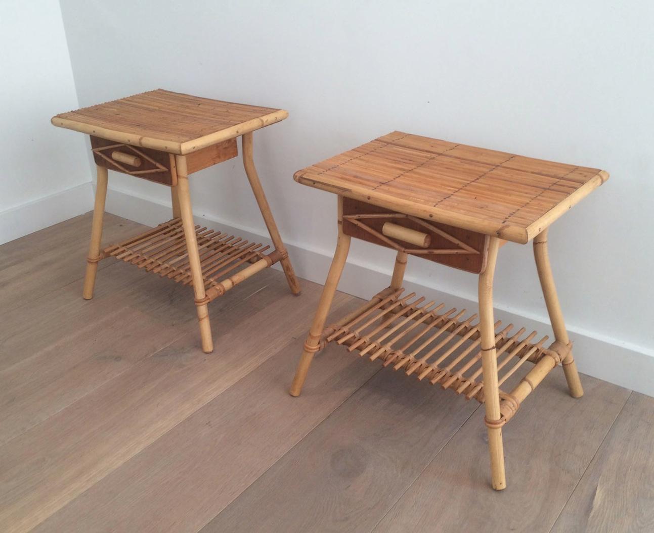French Pair of Rattan Side Tables, Circa 1970 