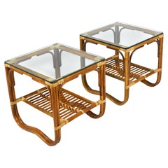 Vintage Pair of Rattan Side Tables in the Manner of McGuire