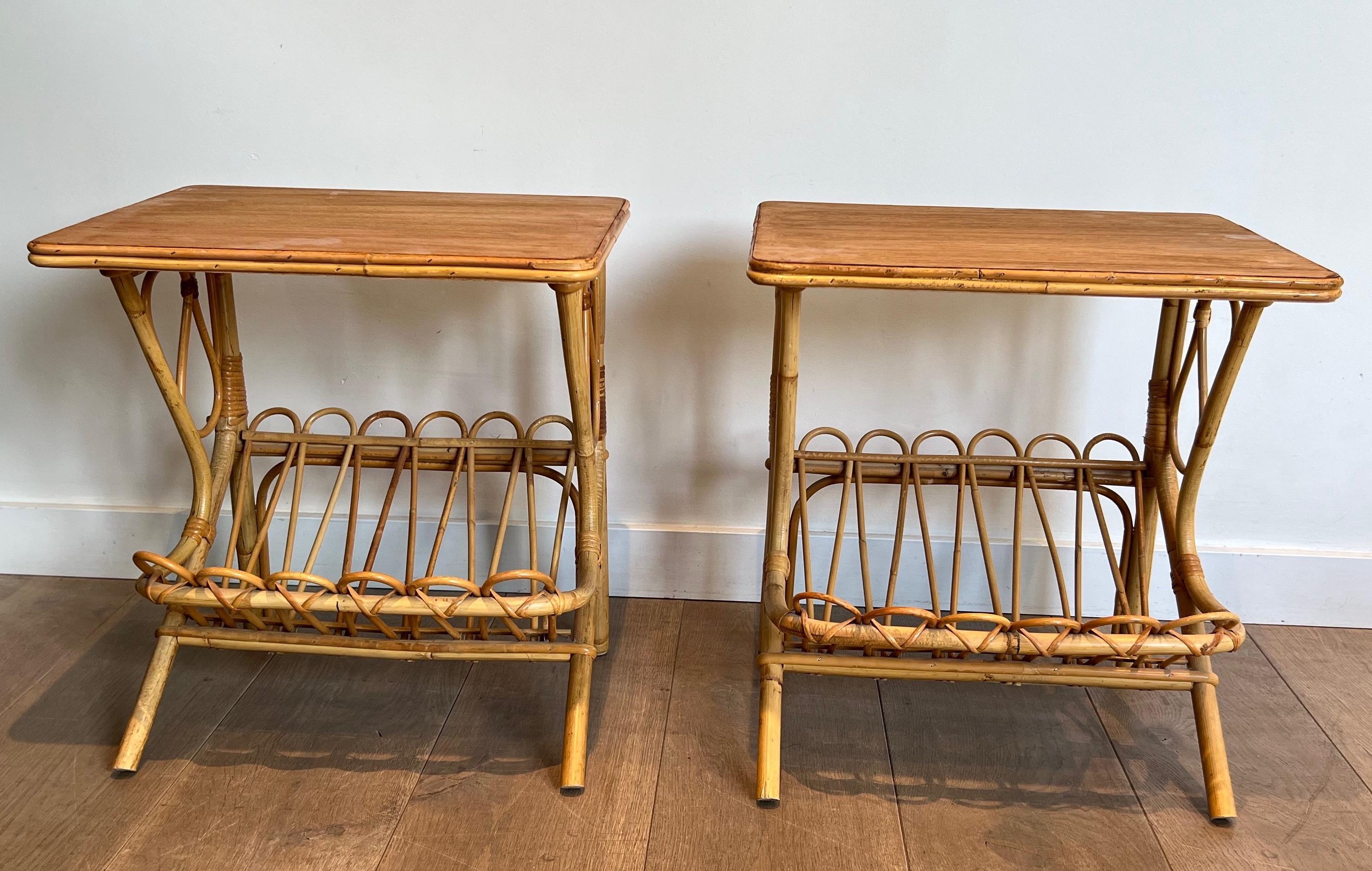 Pair of Rattan Side Tables Magazine Racks For Sale 6