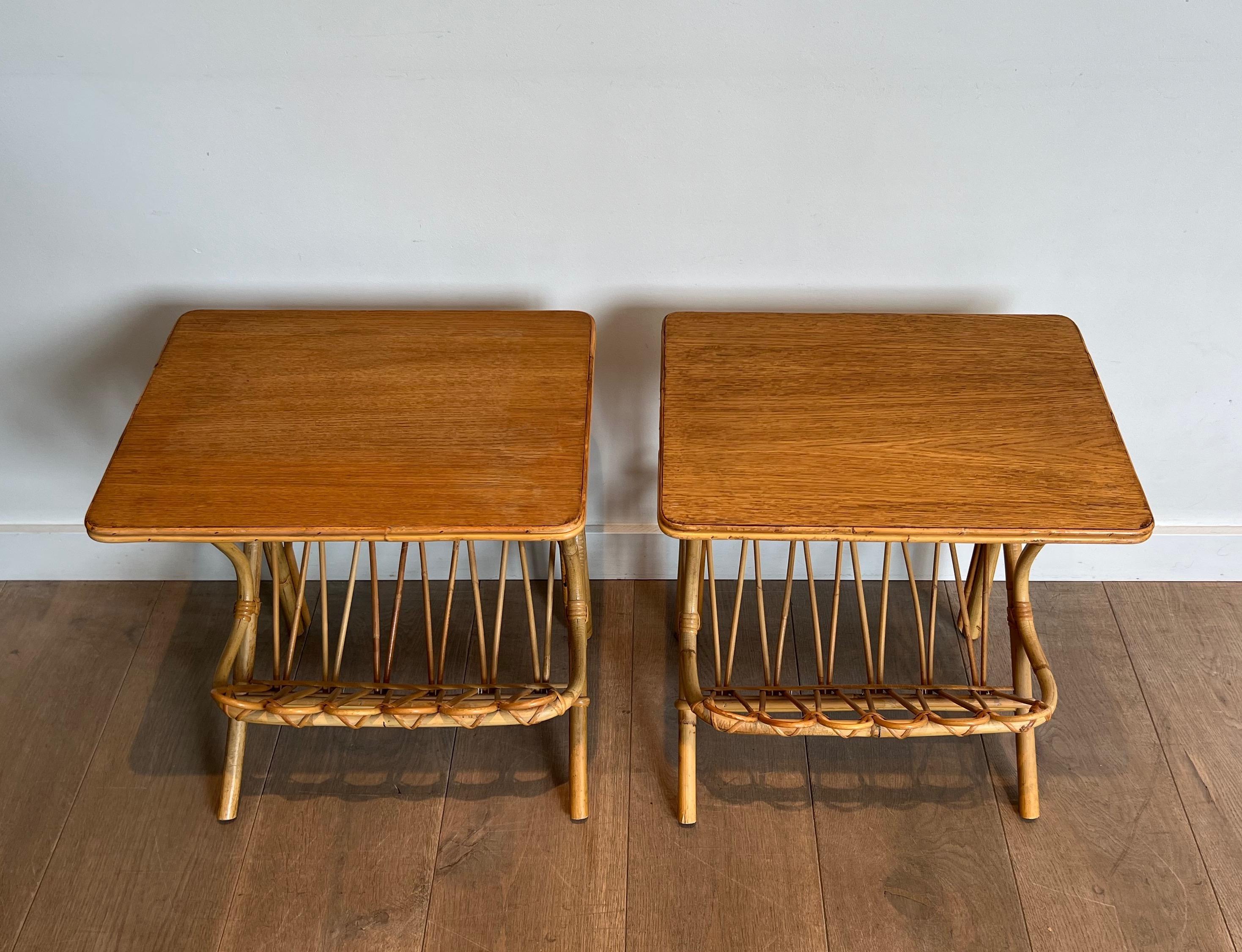 Pair of Rattan Side Tables Magazine Racks For Sale 11