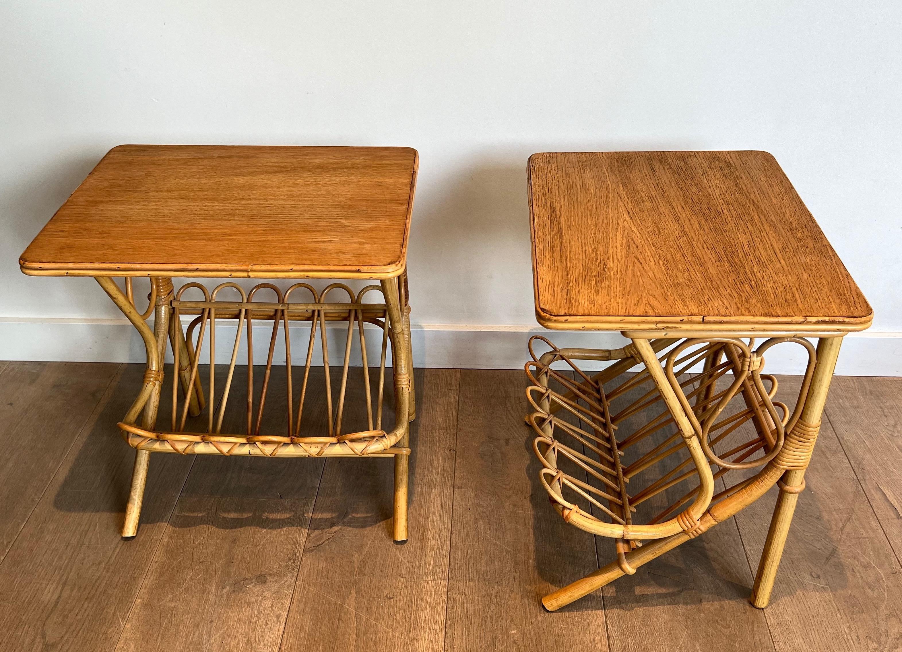 French Pair of Rattan Side Tables Magazine Racks For Sale