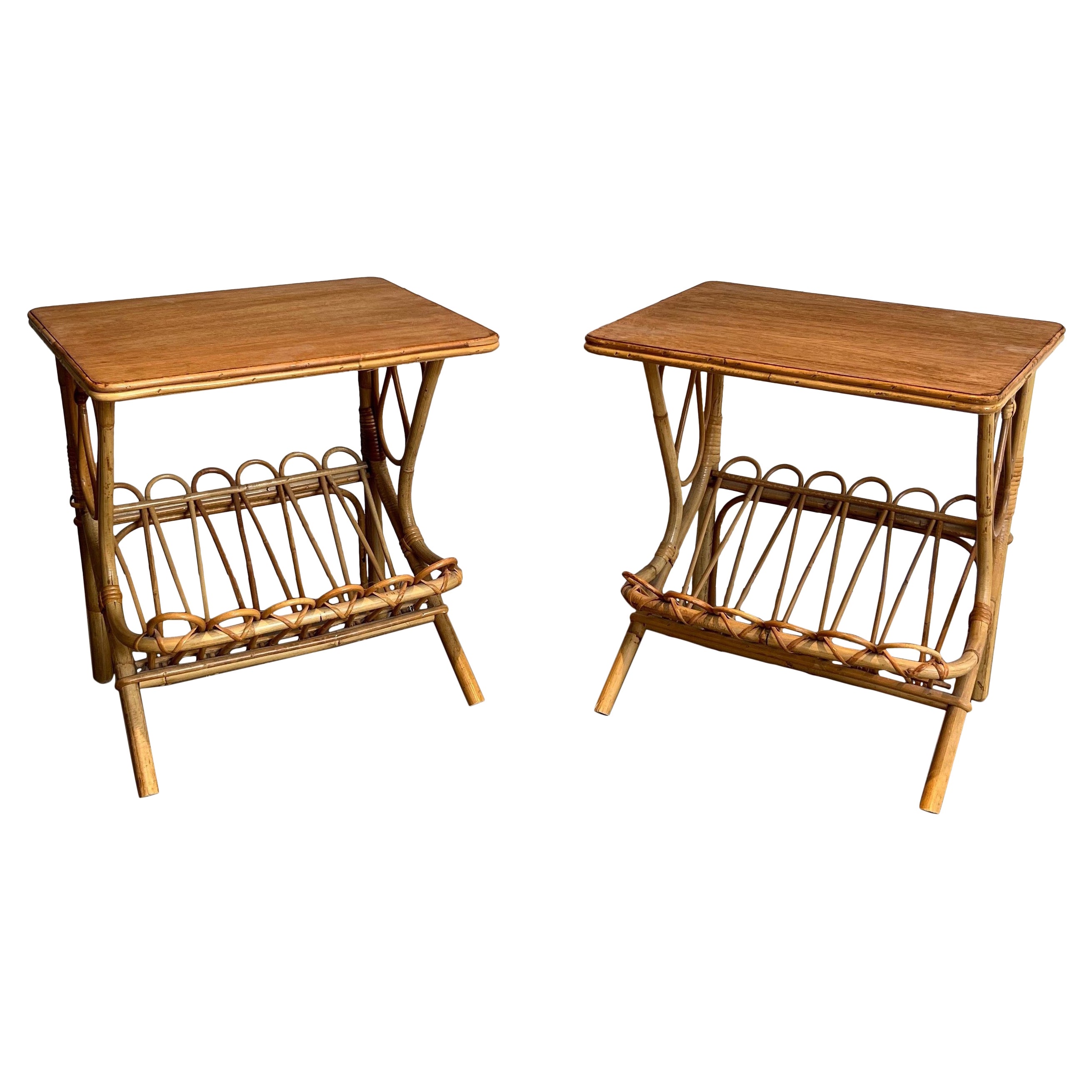 Pair of Rattan Side Tables Magazine Racks