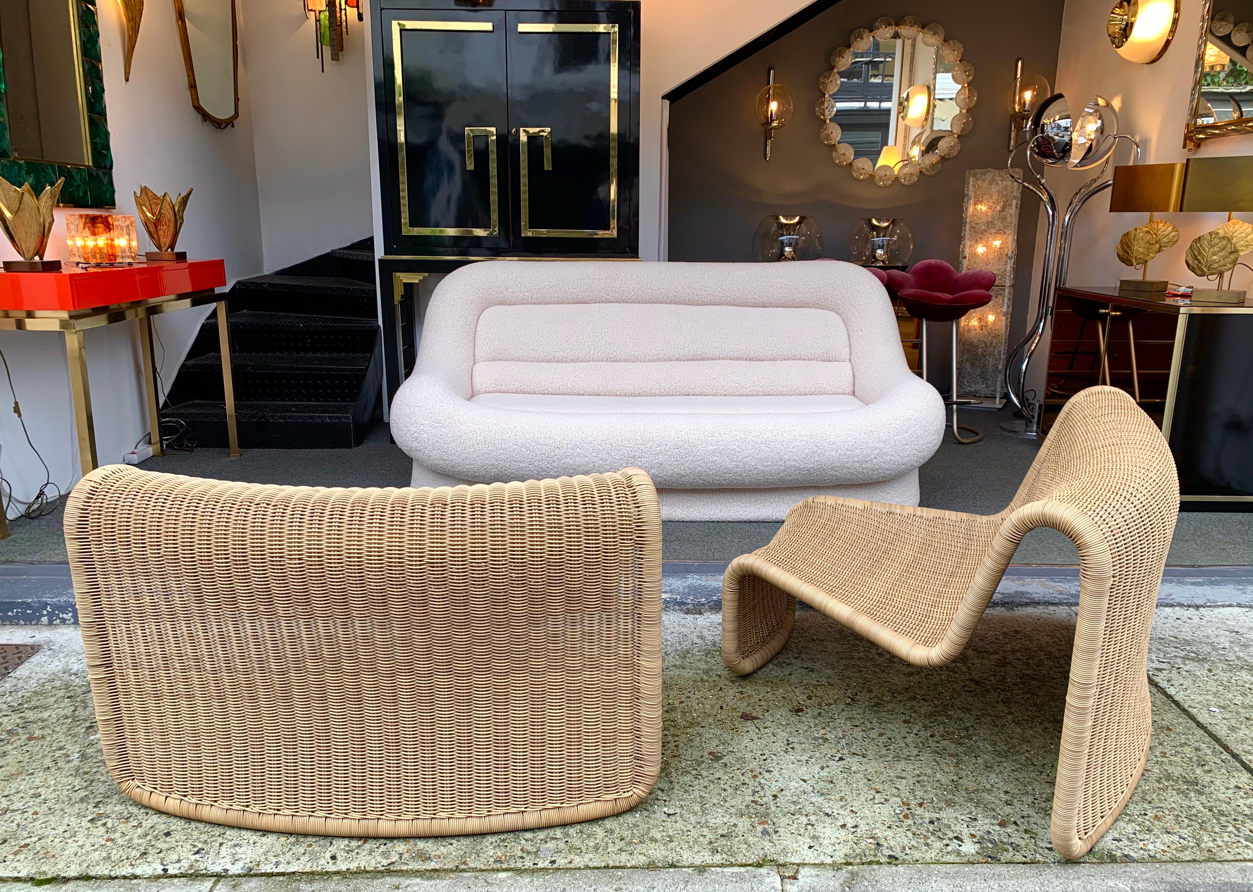 High quality braid synthetic policore style rattan used from the 1980s, very resistant and perfect for outdoor. Pair or set of slipper lounge chairs or armchairs a variant of model P3 by the designer Tito Agnoli. Famous design like Gio Ponti,