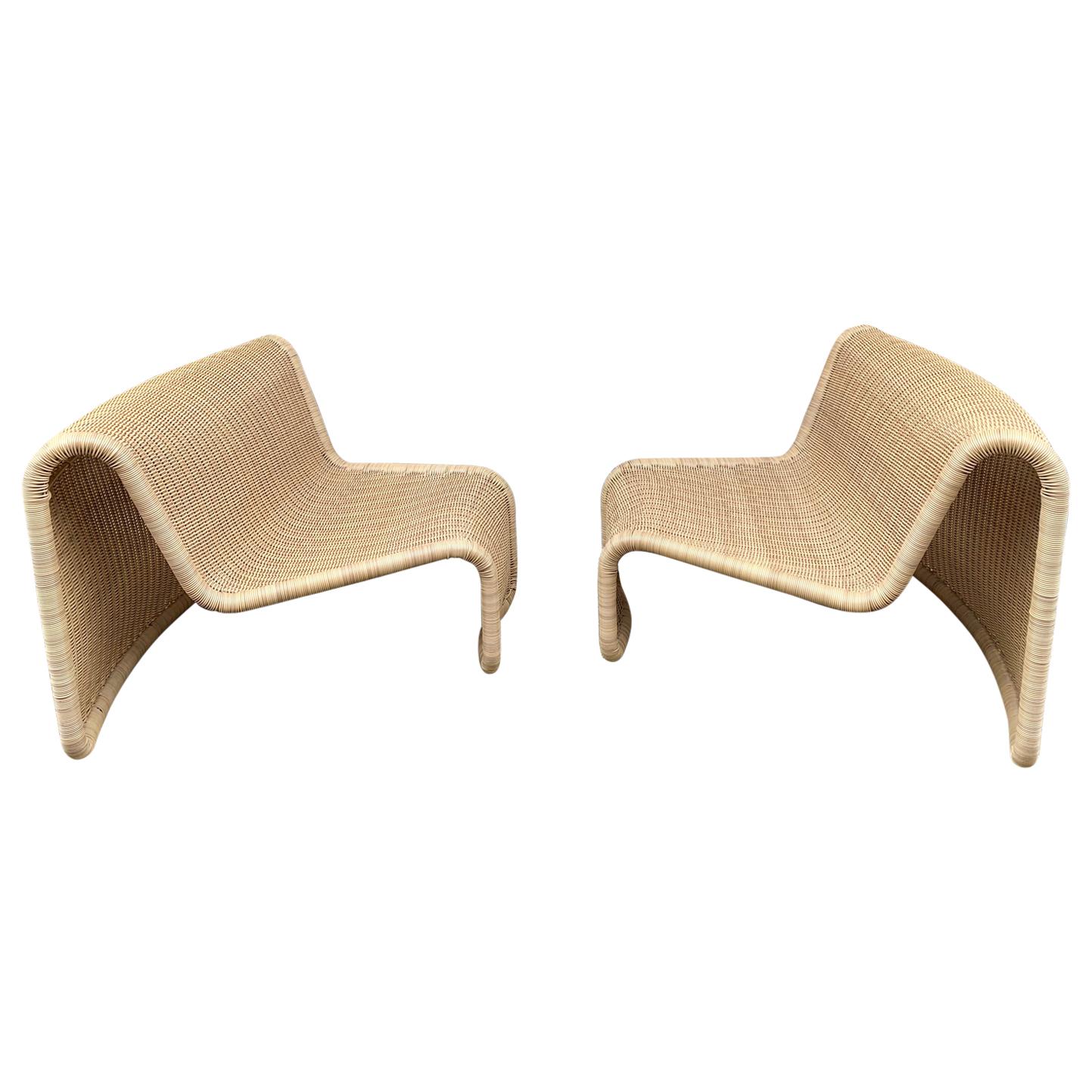 Pair of Rattan Slipper Chairs T by Tito Agnoli, Italy, 1970s