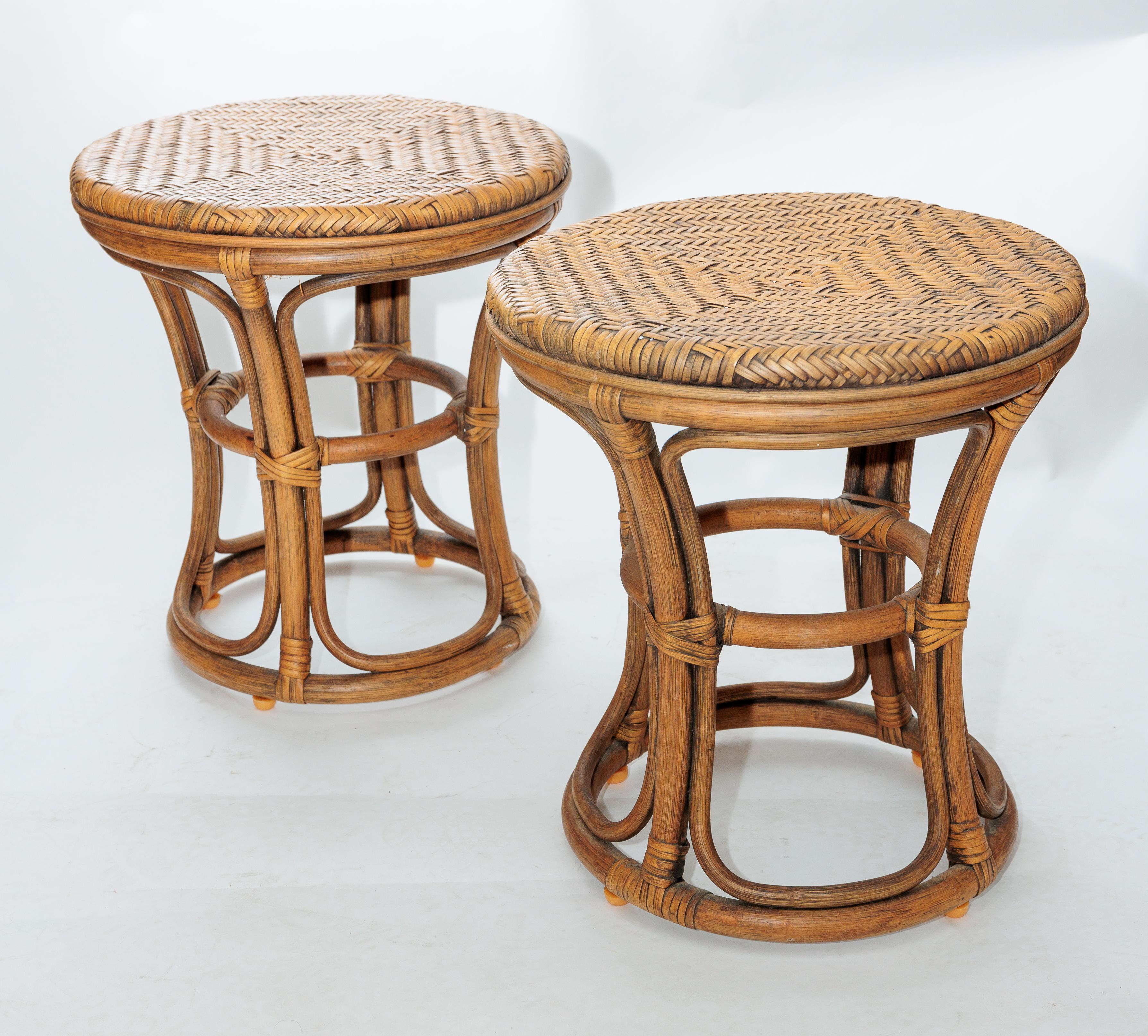 The stools are in great condition. Bamboo and rattan have been popular, the stools will become a segway for natural elements in any space.