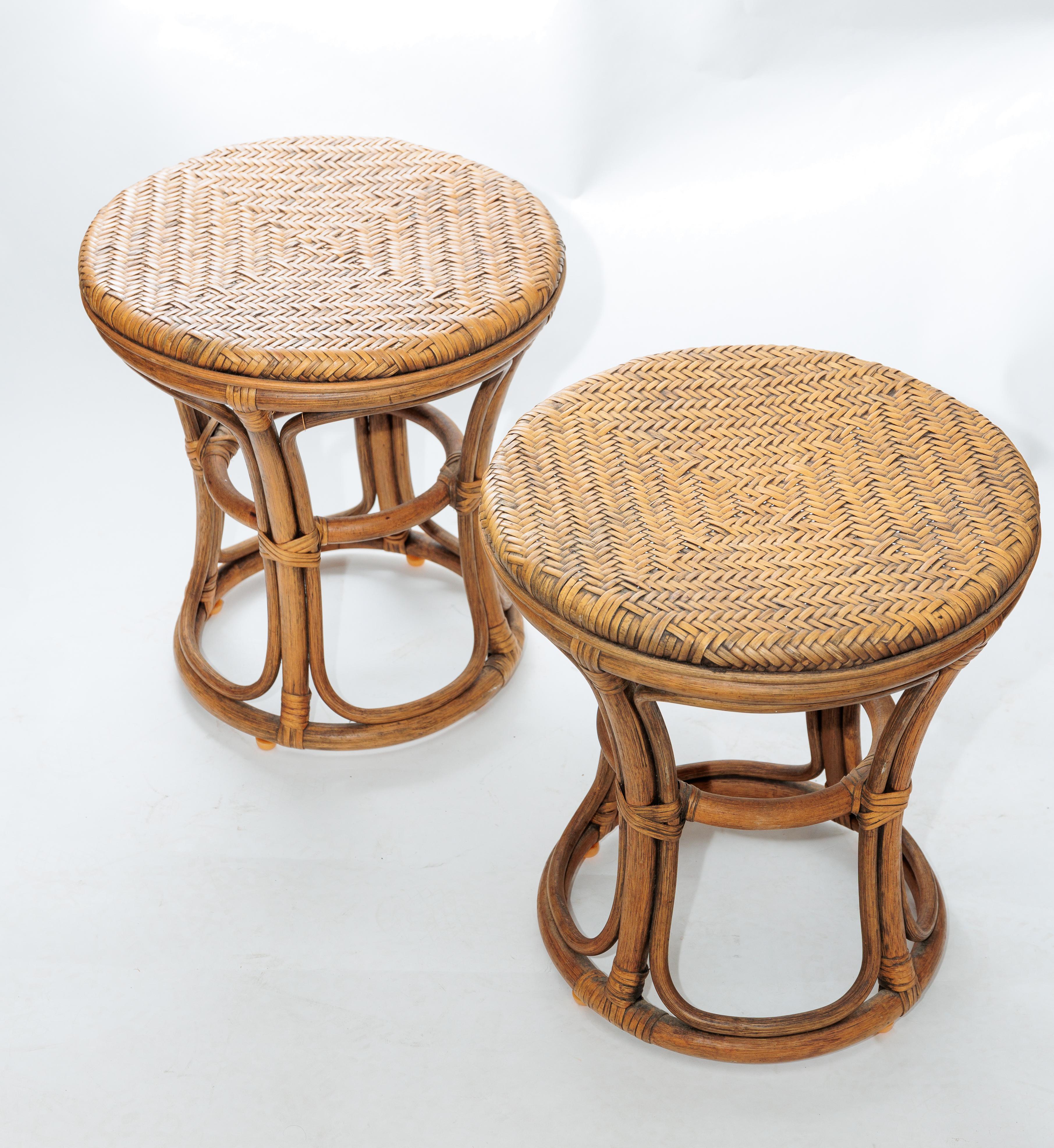 Mid-Century Modern Pair of Rattan Stools For Sale
