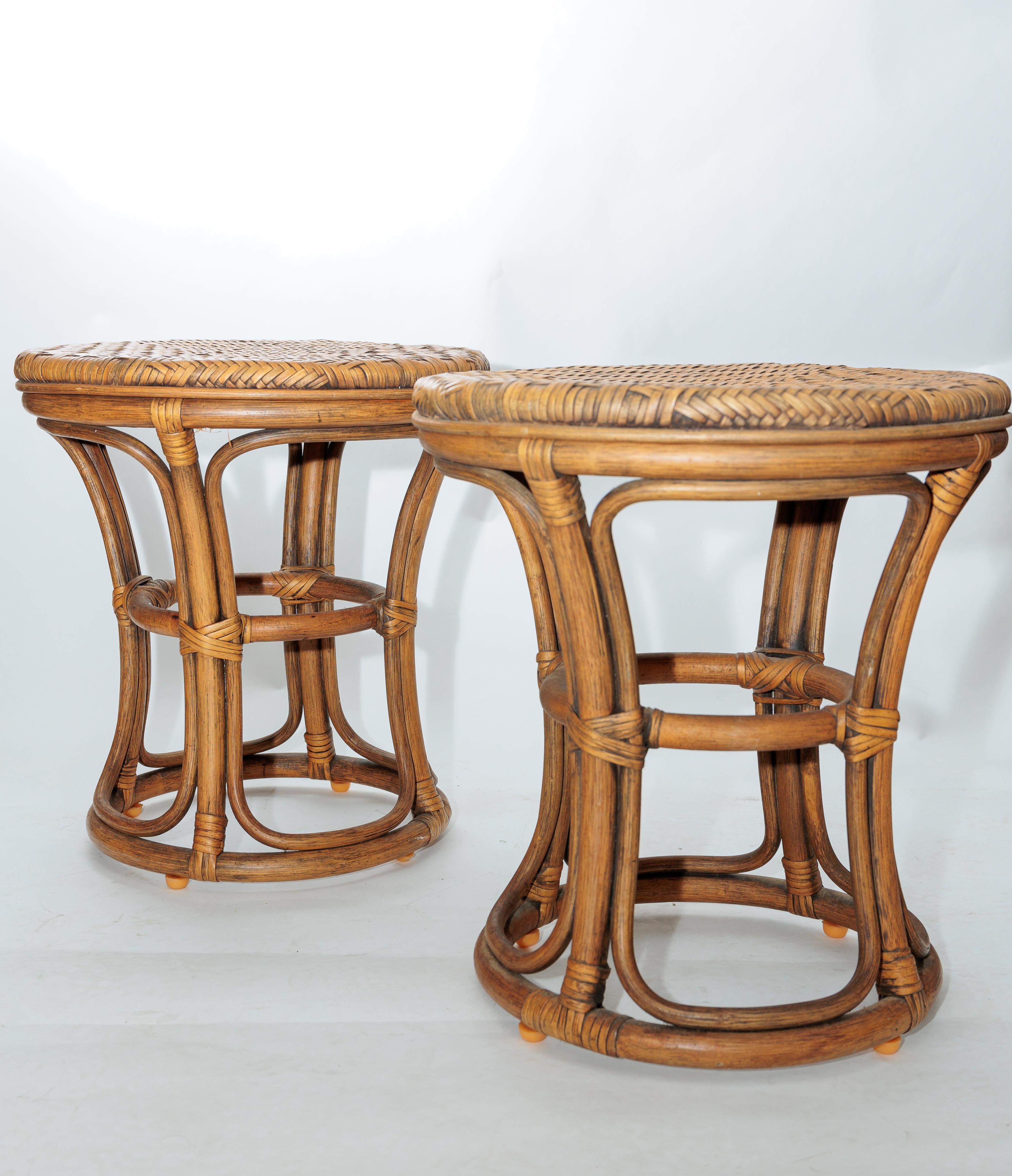 Italian Pair of Rattan Stools For Sale