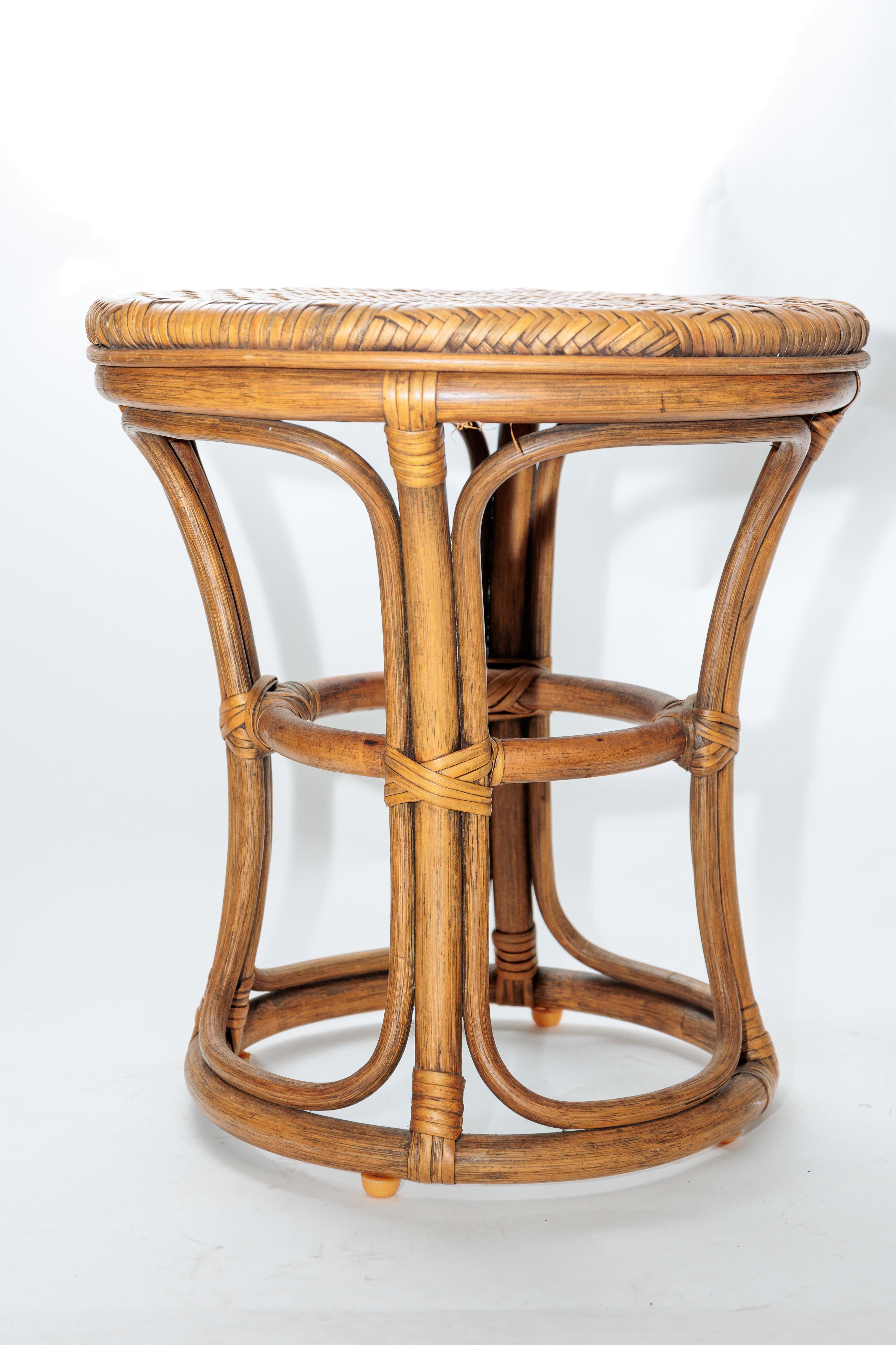 Woven Pair of Rattan Stools For Sale