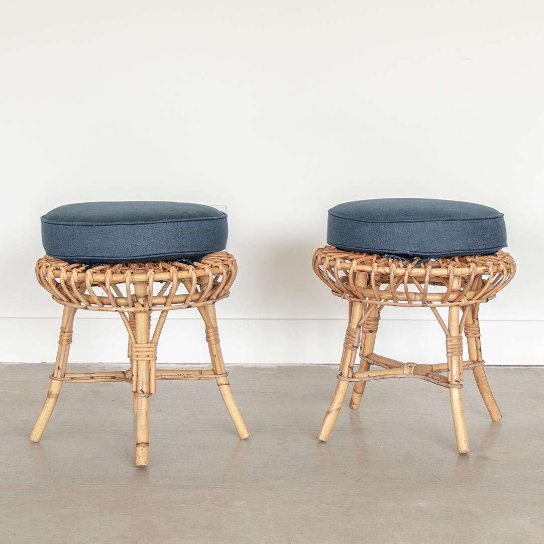 American Pair of Rattan Stools in the Style of Franco Albini