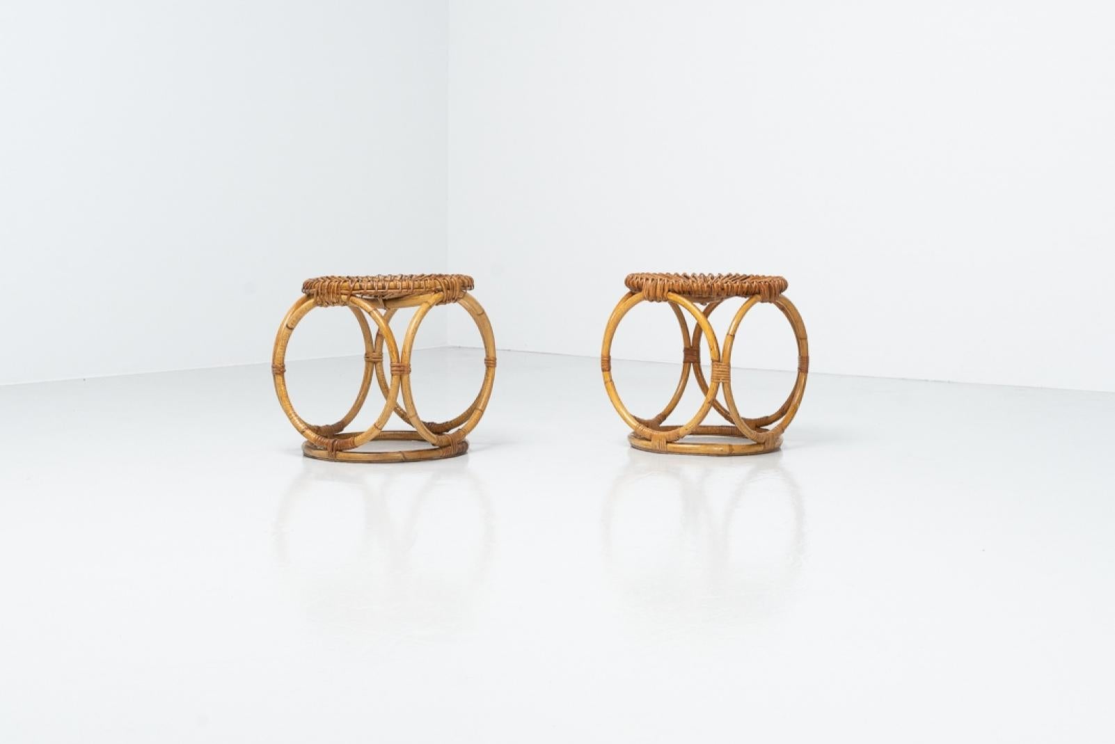 Mid-Century Modern Pair of Rattan Stools Made in Spain 1950 For Sale