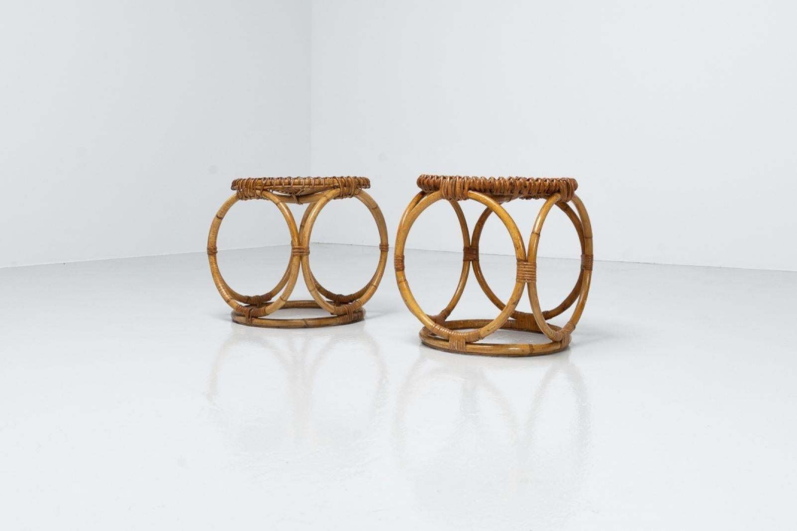 Pair of Rattan Stools Made in Spain 1950 In Good Condition For Sale In Roosendaal, Noord Brabant