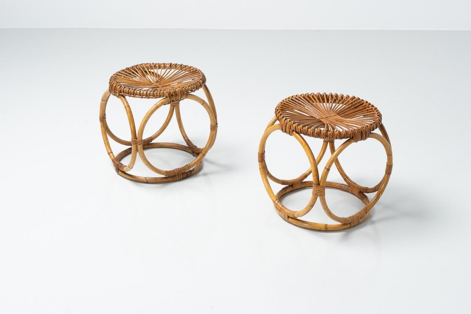 Mid-20th Century Pair of Rattan Stools Made in Spain 1950 For Sale