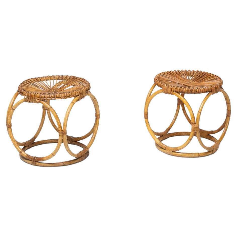 Pair of Rattan Stools Made in Spain 1950 For Sale