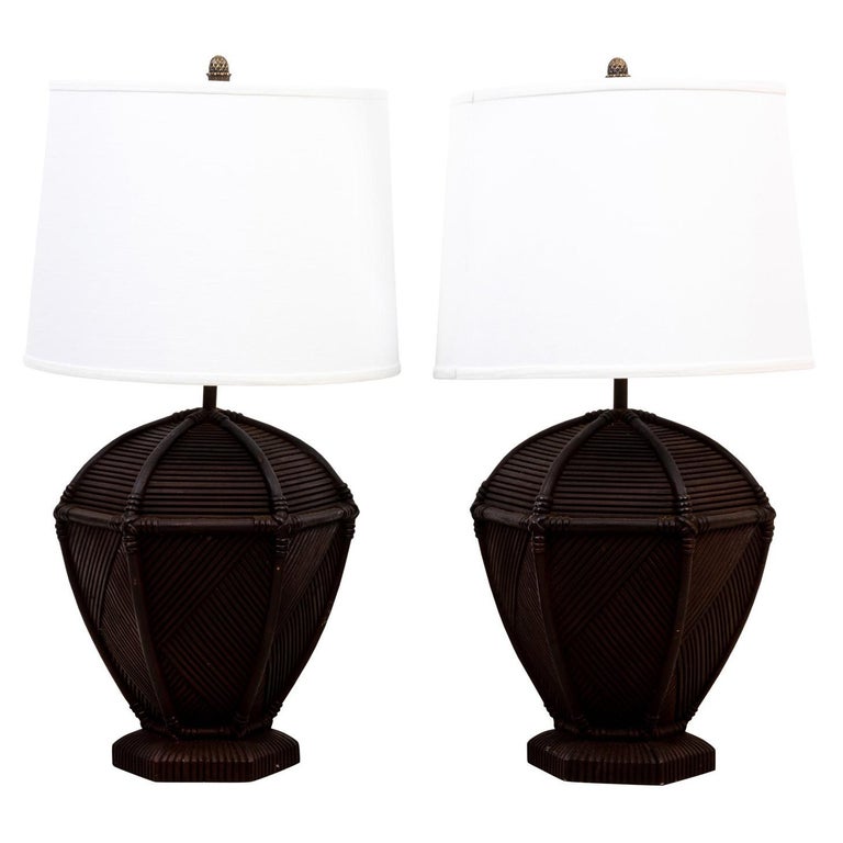 Pair of Rattan Table Lamps For Sale