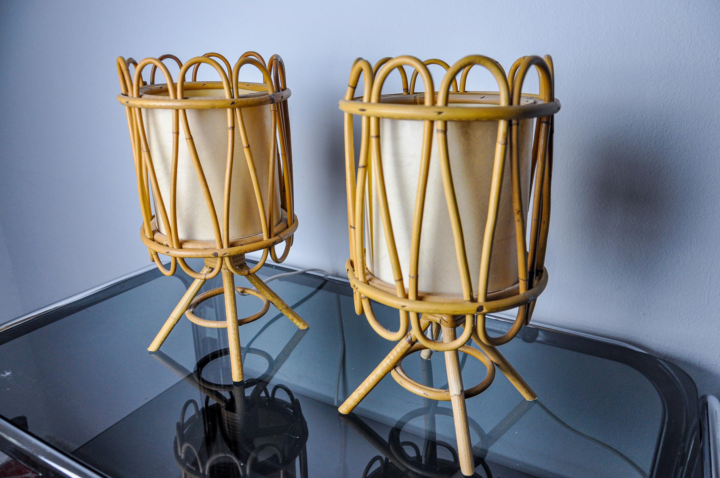Hollywood Regency Paire de lampes de table en rotin, Italie, années 1960 en vente