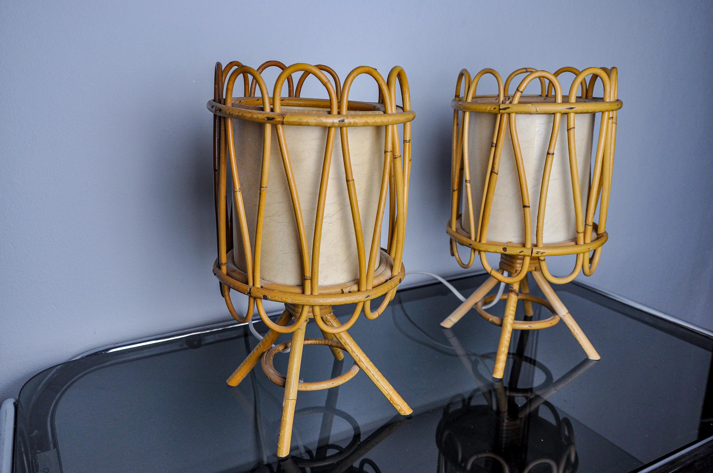 italien Paire de lampes de table en rotin, Italie, années 1960 en vente