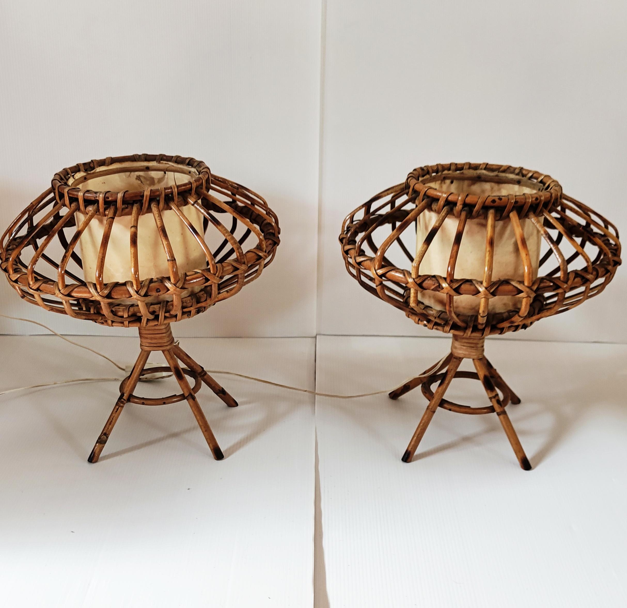 Spanish Pair of Rattan Table Lamps, Spain, 1960s For Sale