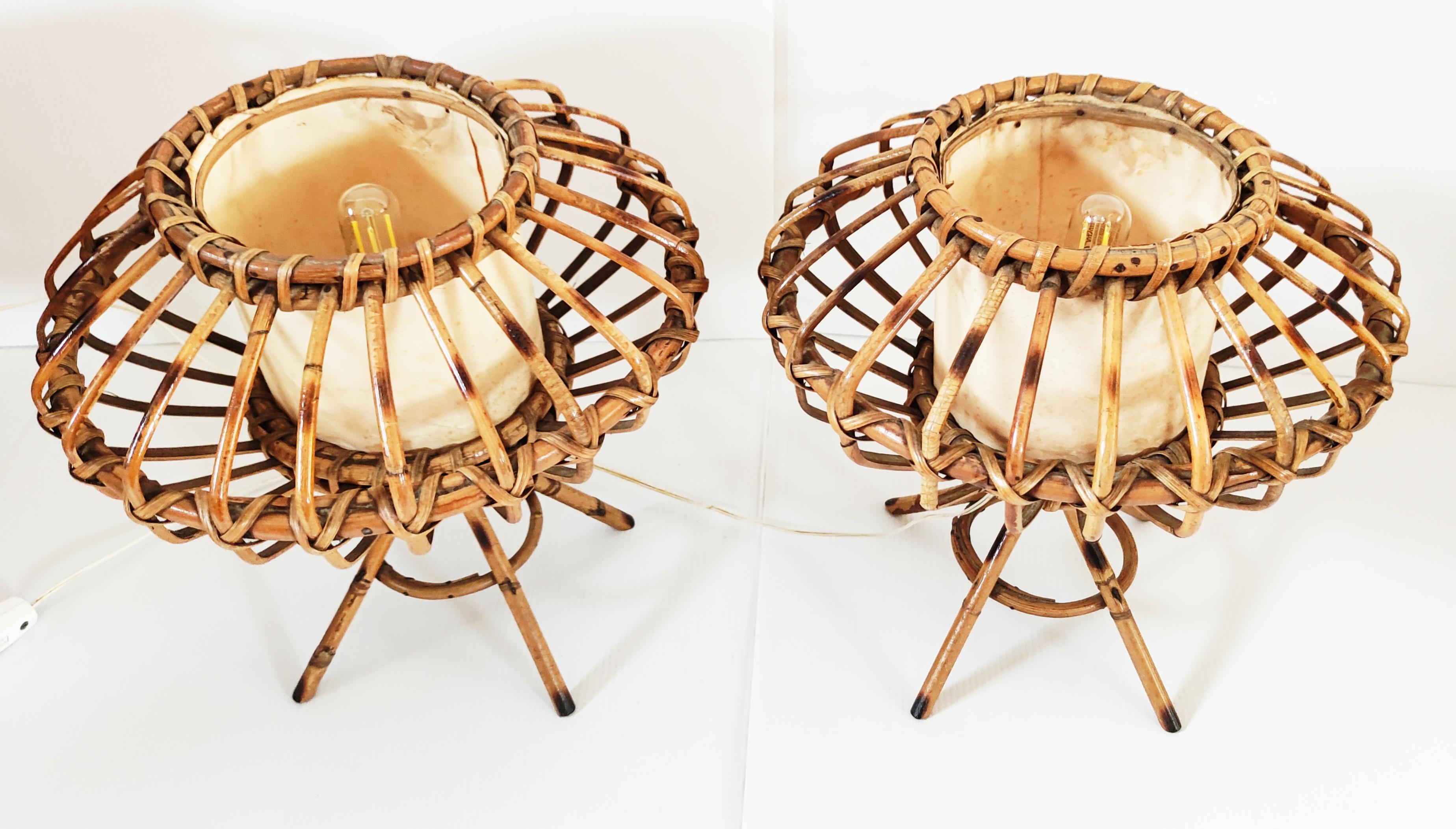 Pair of Rattan Table Lamps, Spain, 1960s In Good Condition For Sale In L'Escala, ES