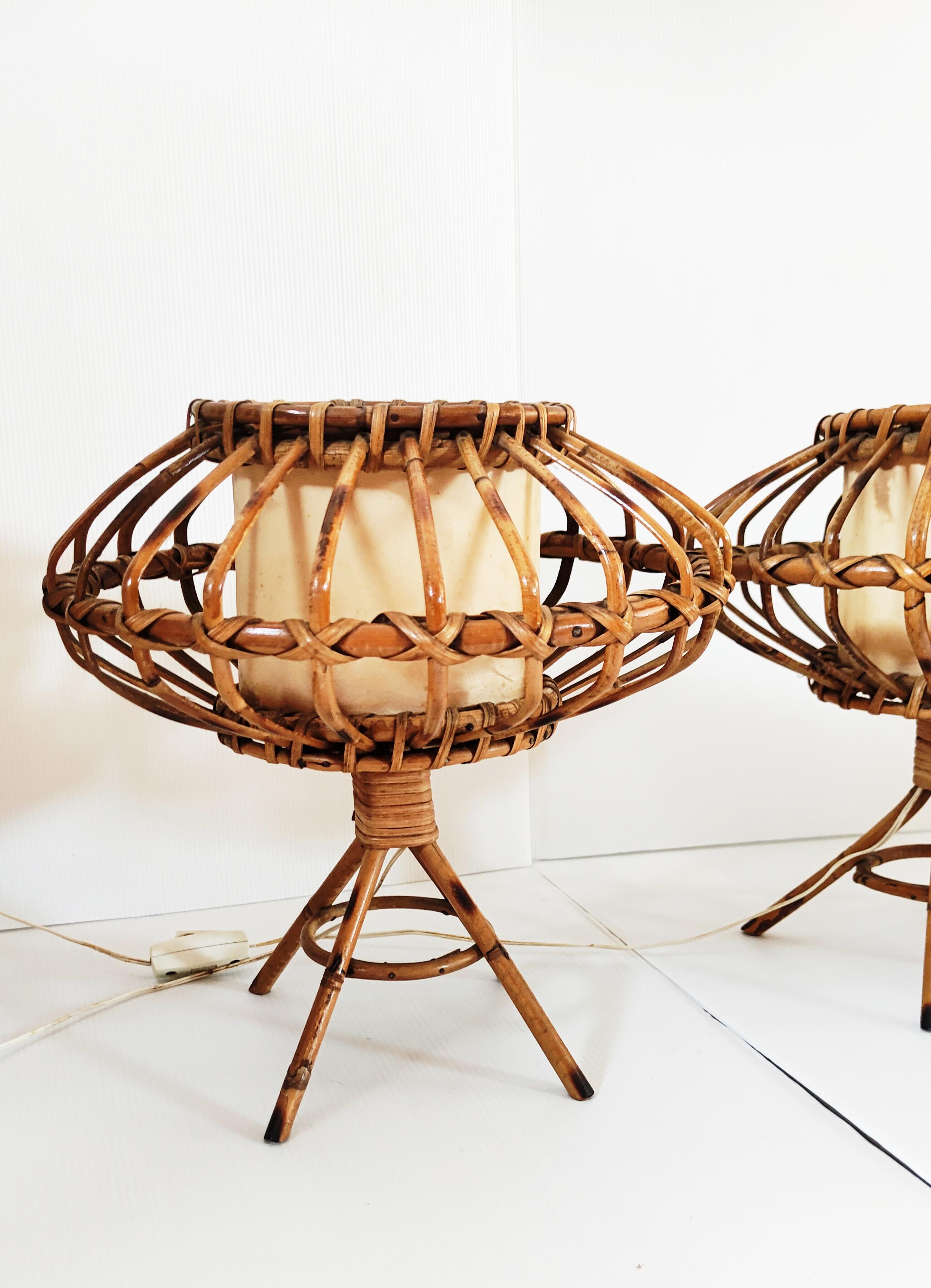 20th Century Pair of Rattan Table Lamps, Spain, 1960s For Sale