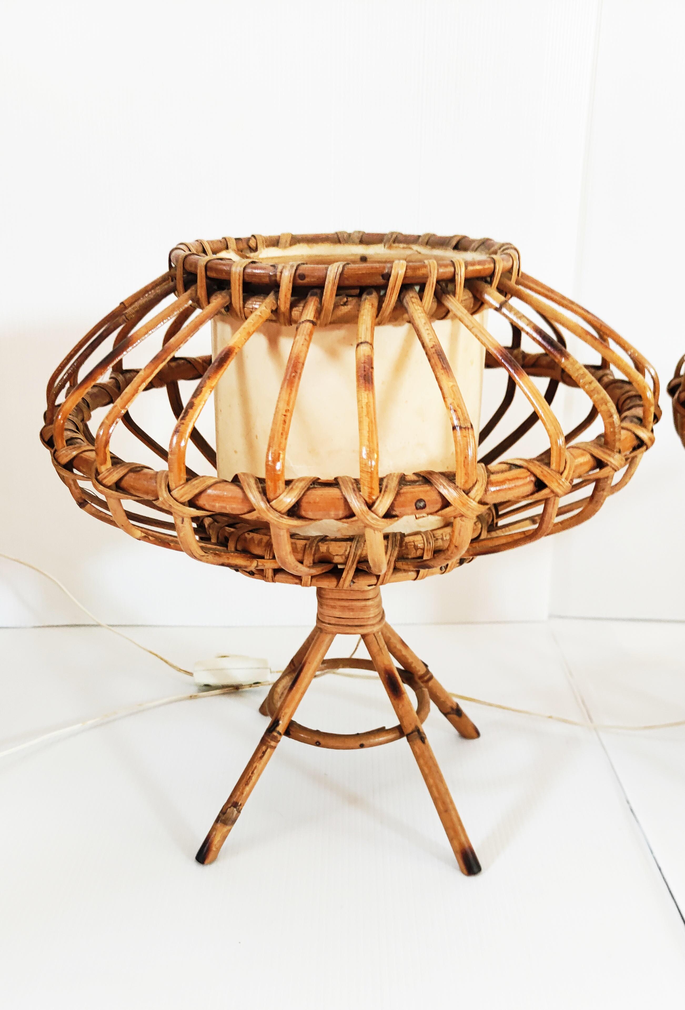 Bamboo Pair of Rattan Table Lamps, Spain, 1960s For Sale