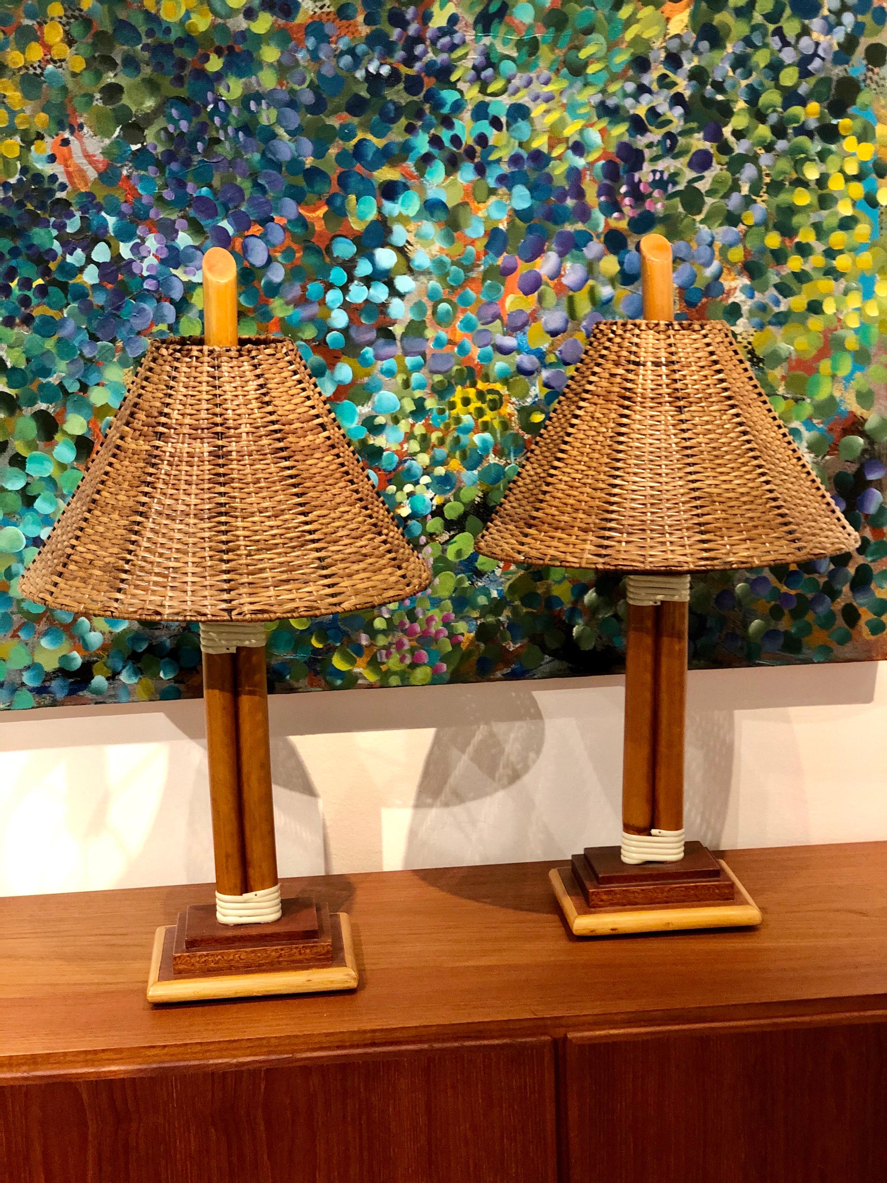 Mid-Century Modern Pair of Rattan Table Lamps with Original Lampshades Midentury