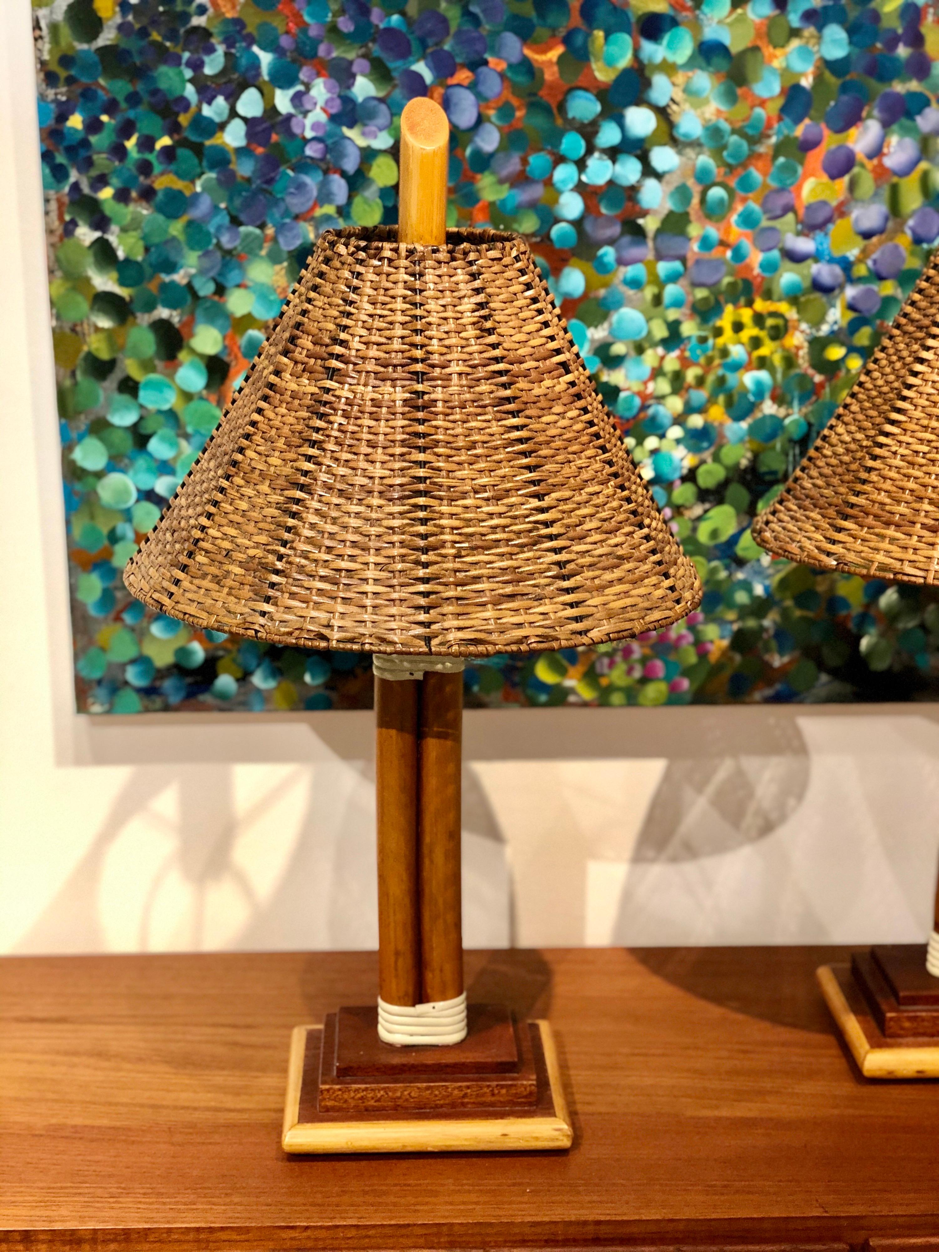 American Pair of Rattan Table Lamps with Original Lampshades Midentury