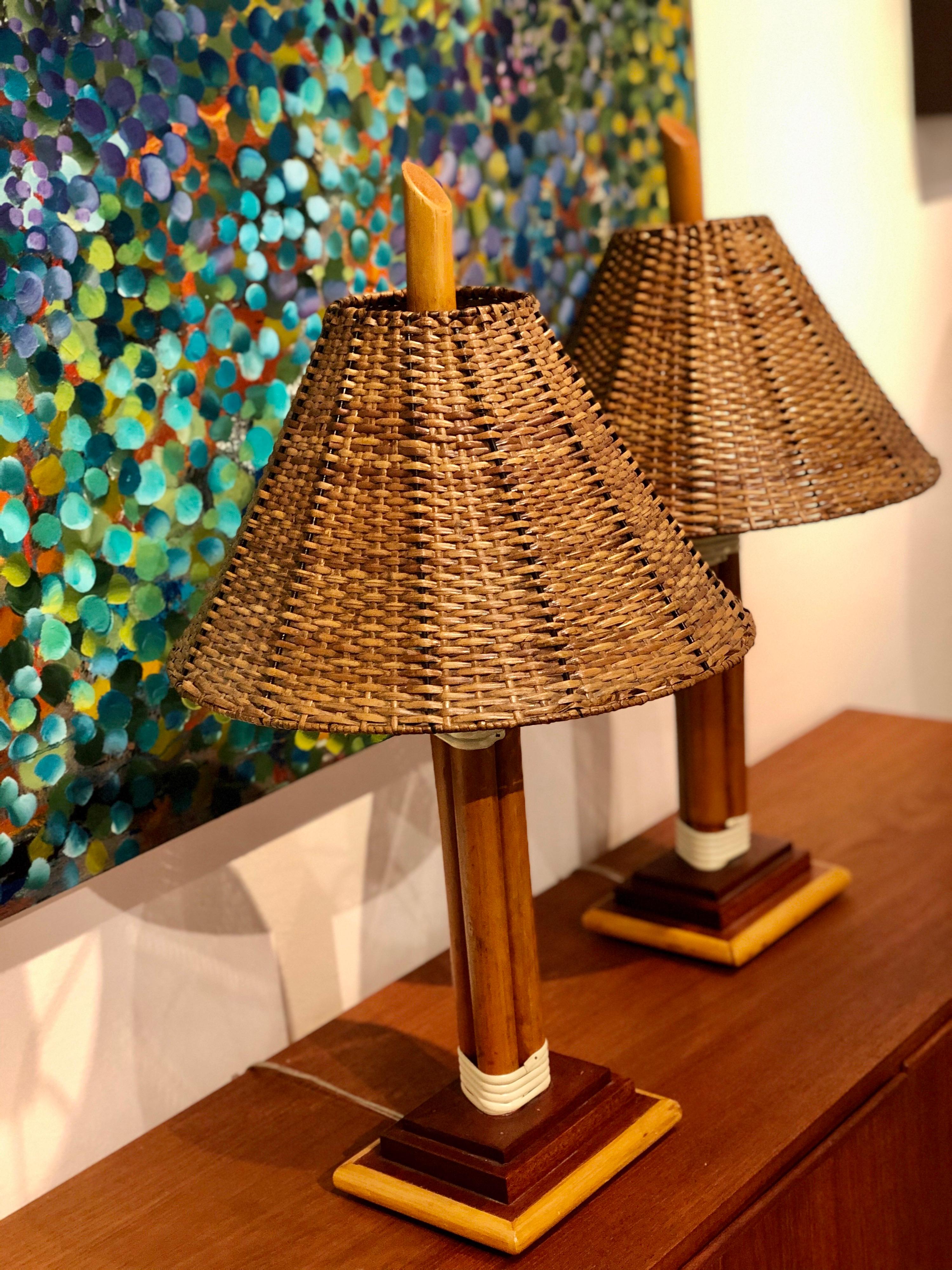Pair of Rattan Table Lamps with Original Lampshades Midentury In Good Condition In San Diego, CA