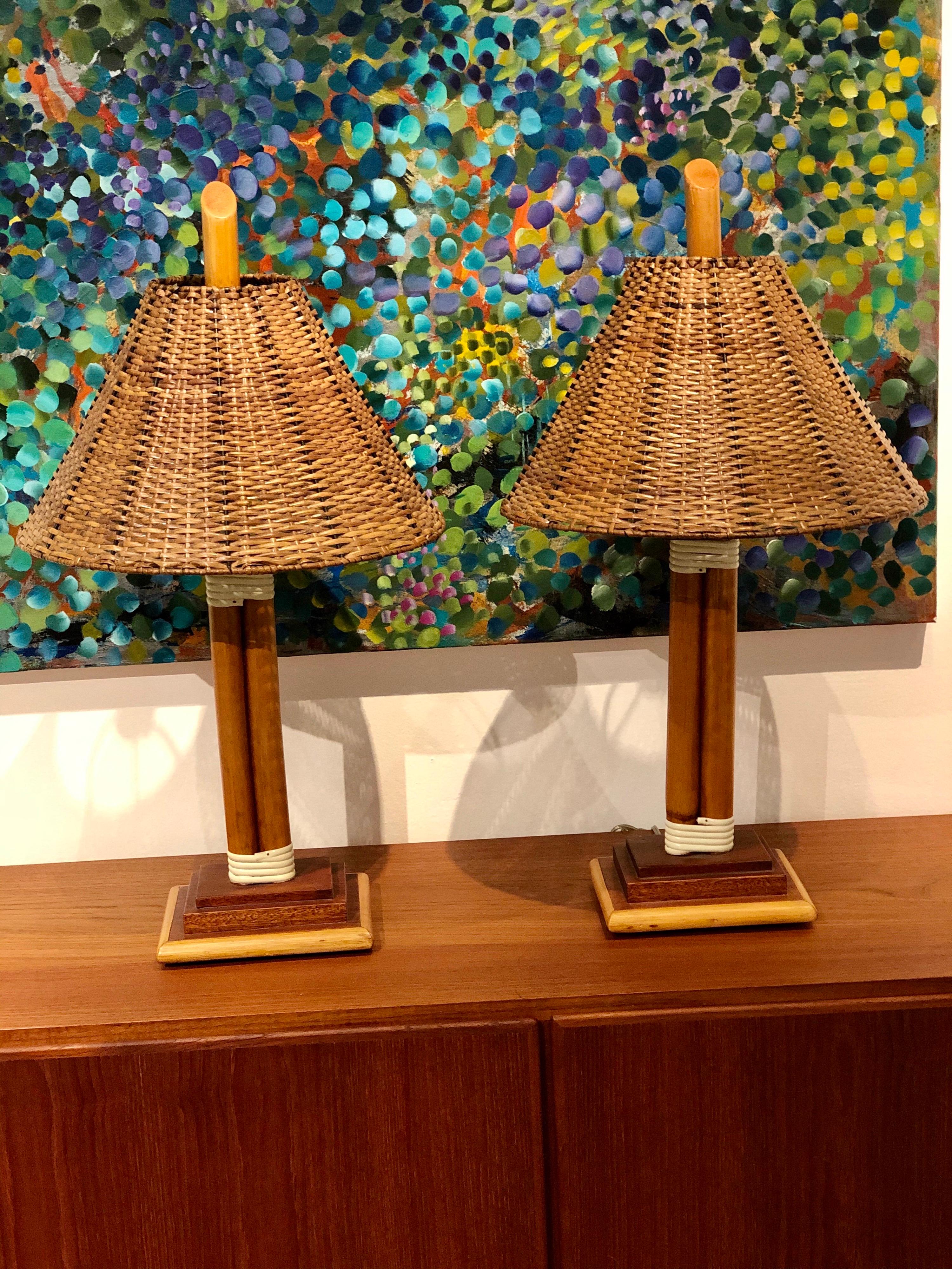 20th Century Pair of Rattan Table Lamps with Original Lampshades Midentury