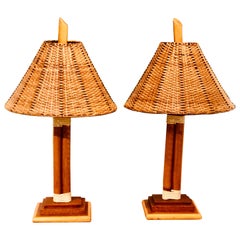 Vintage Pair of Rattan Table Lamps with Original Lampshades Midentury