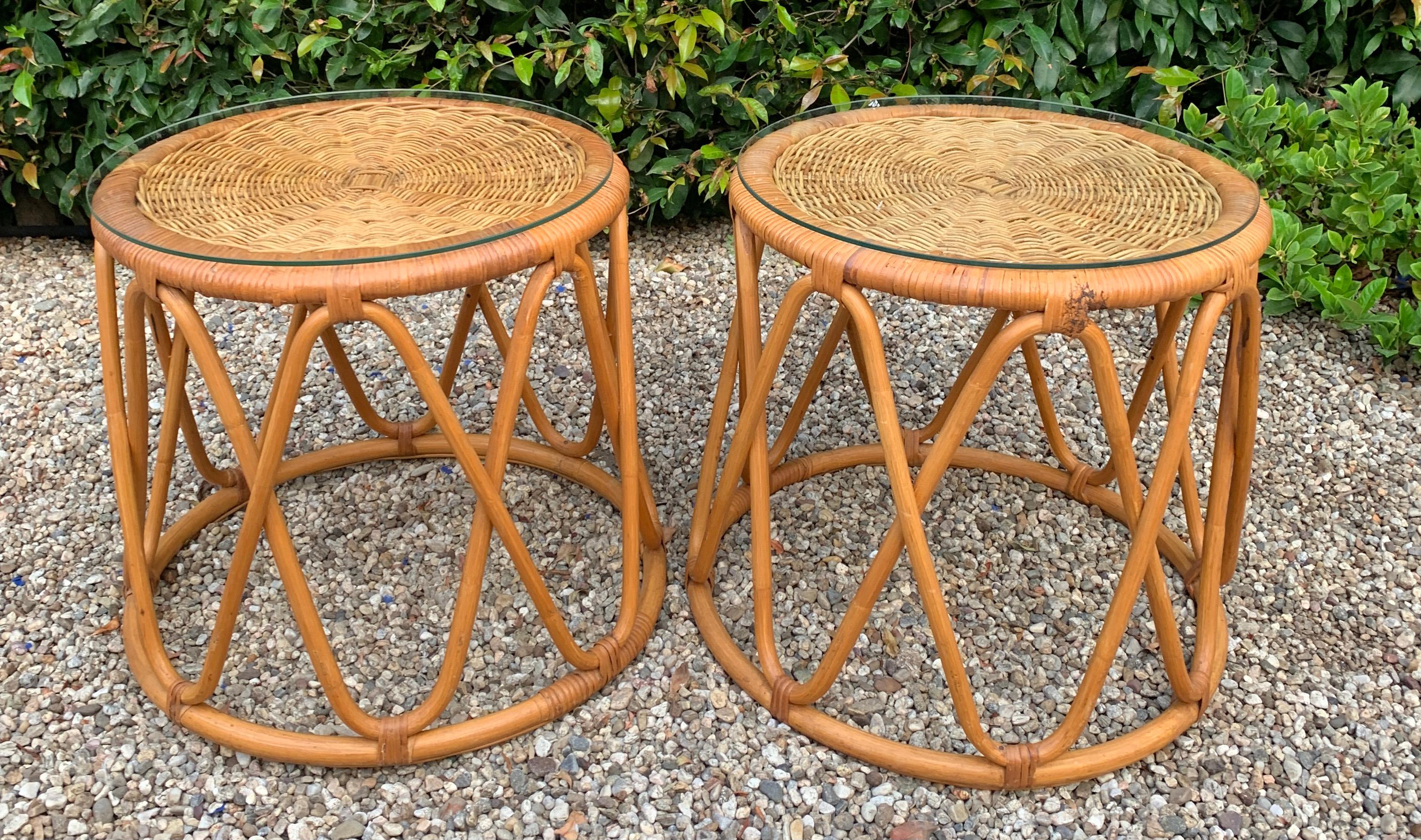 Mid-Century Modern Pair of Rattan Tables with Woven Top and Glass