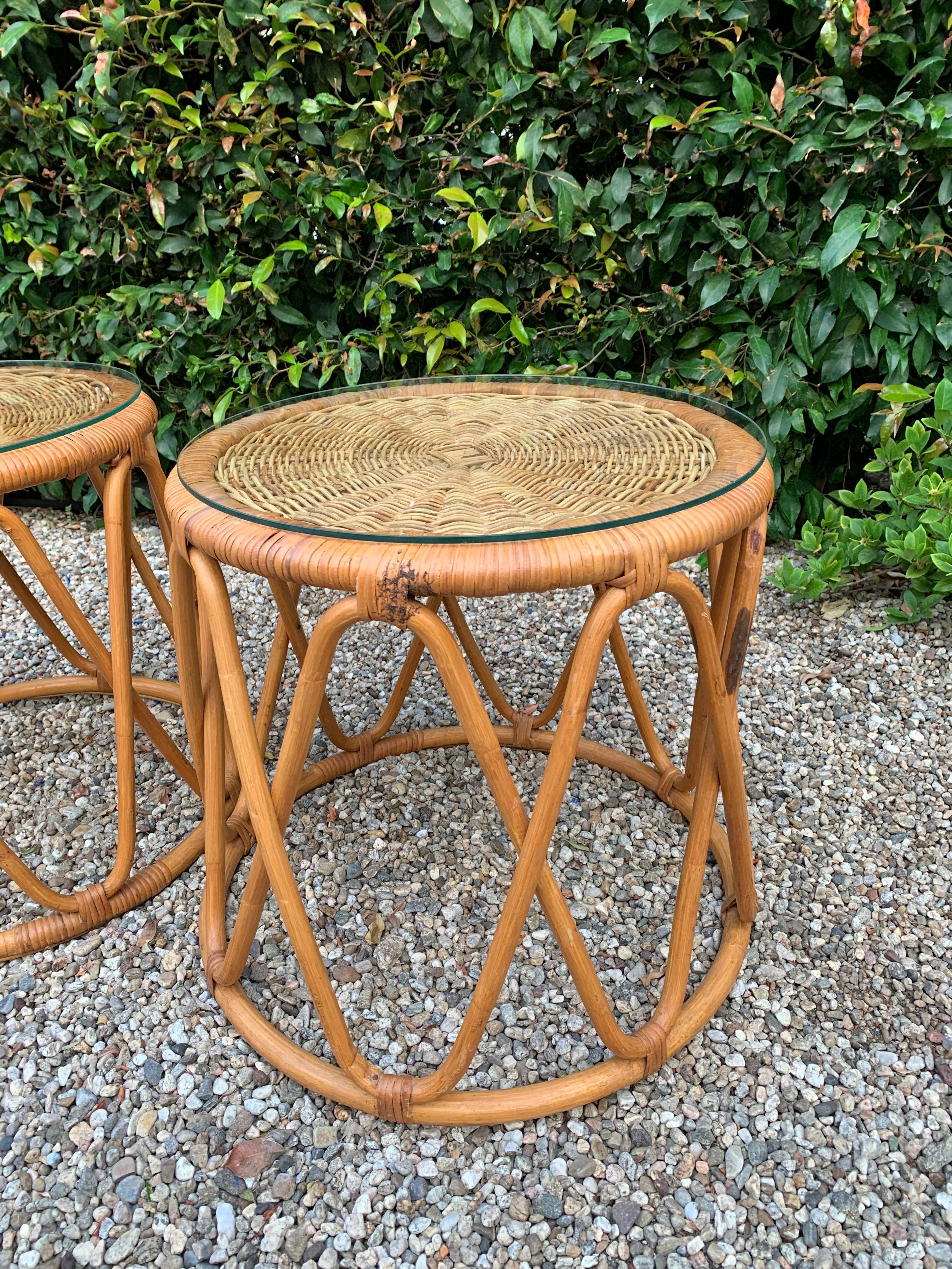 French Pair of Rattan Tables with Woven Top and Glass