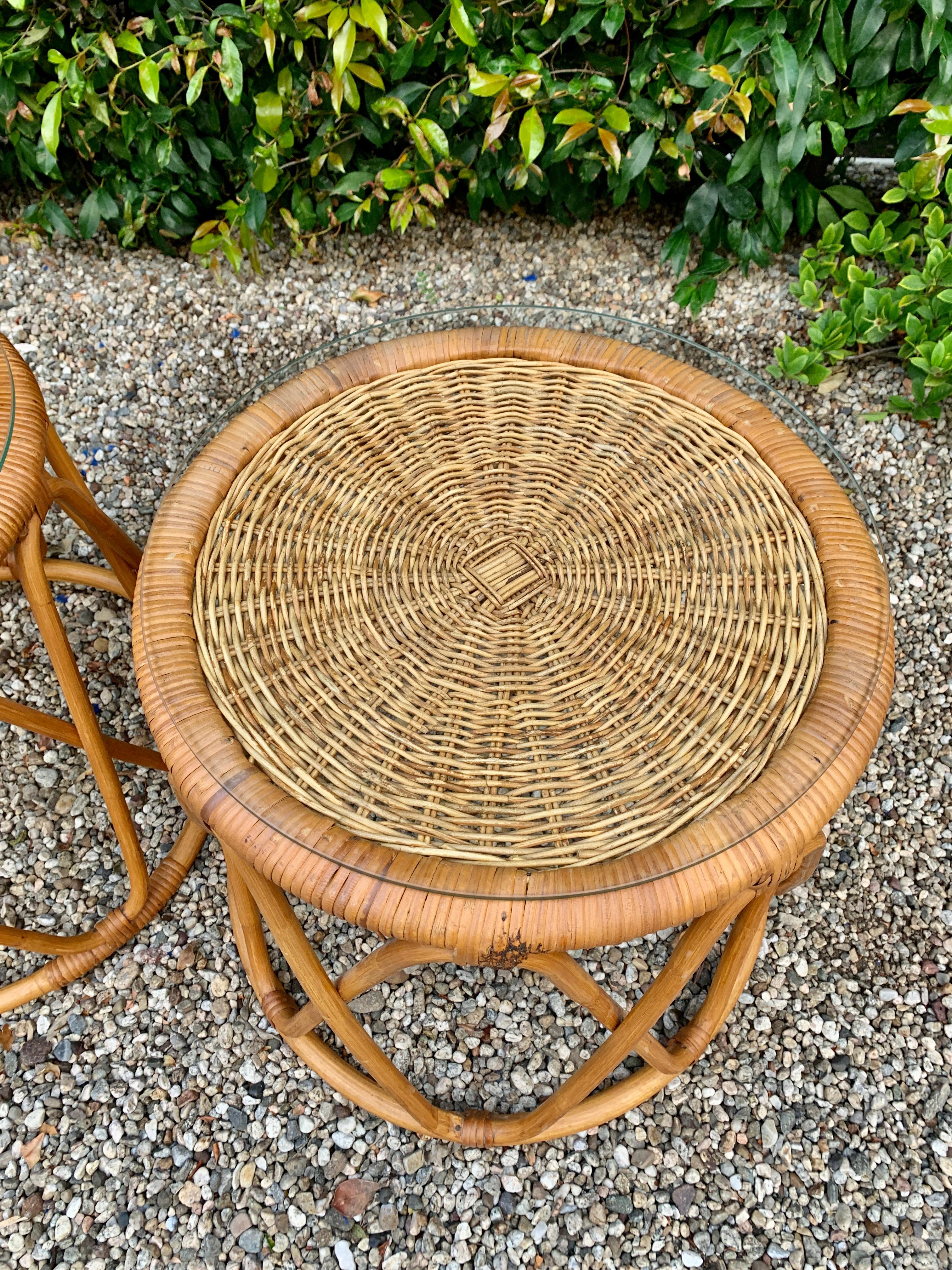 Pair of Rattan Tables with Woven Top and Glass In Good Condition In Los Angeles, CA