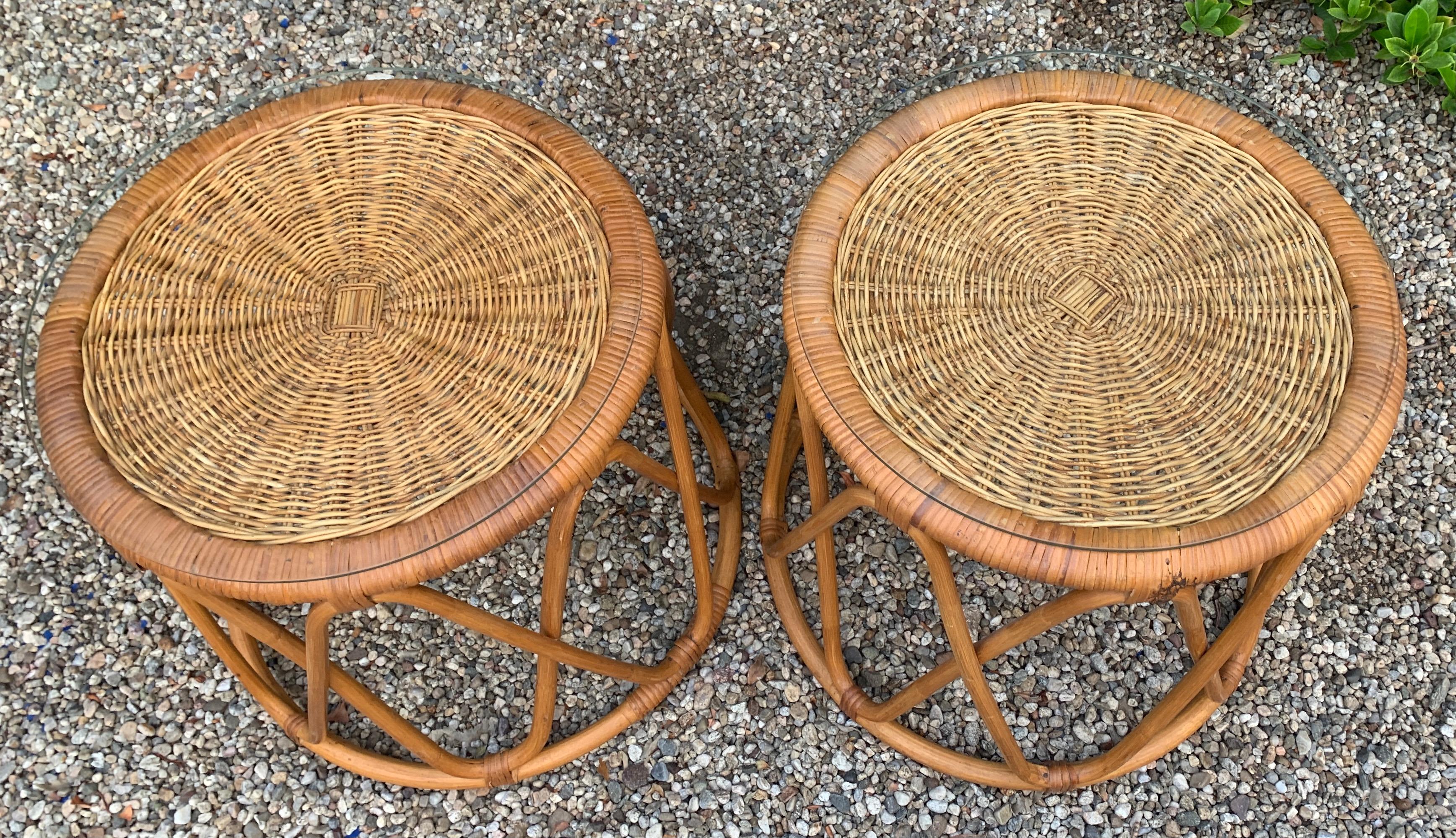 20th Century Pair of Rattan Tables with Woven Top and Glass