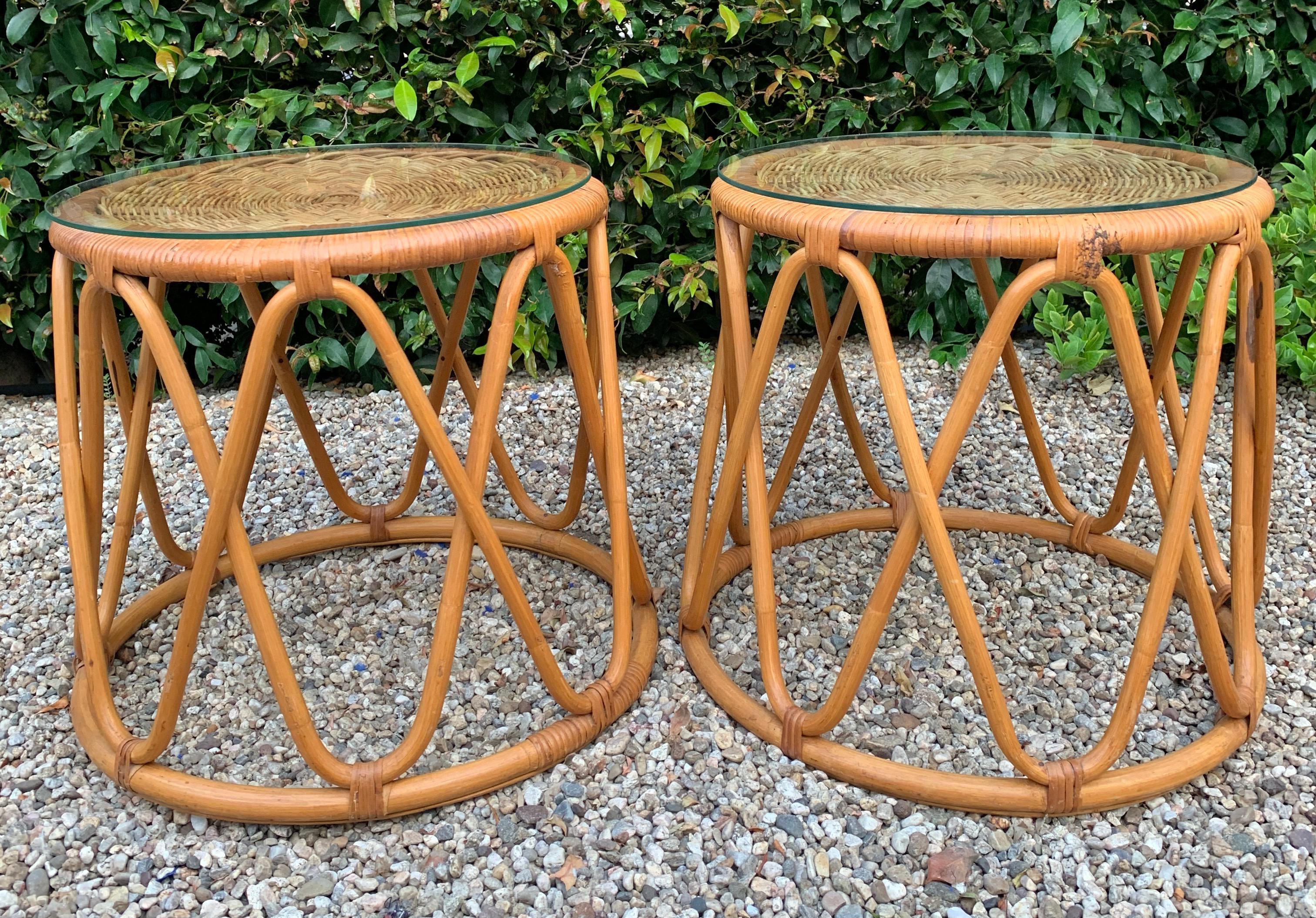 Wicker Pair of Rattan Tables with Woven Top and Glass